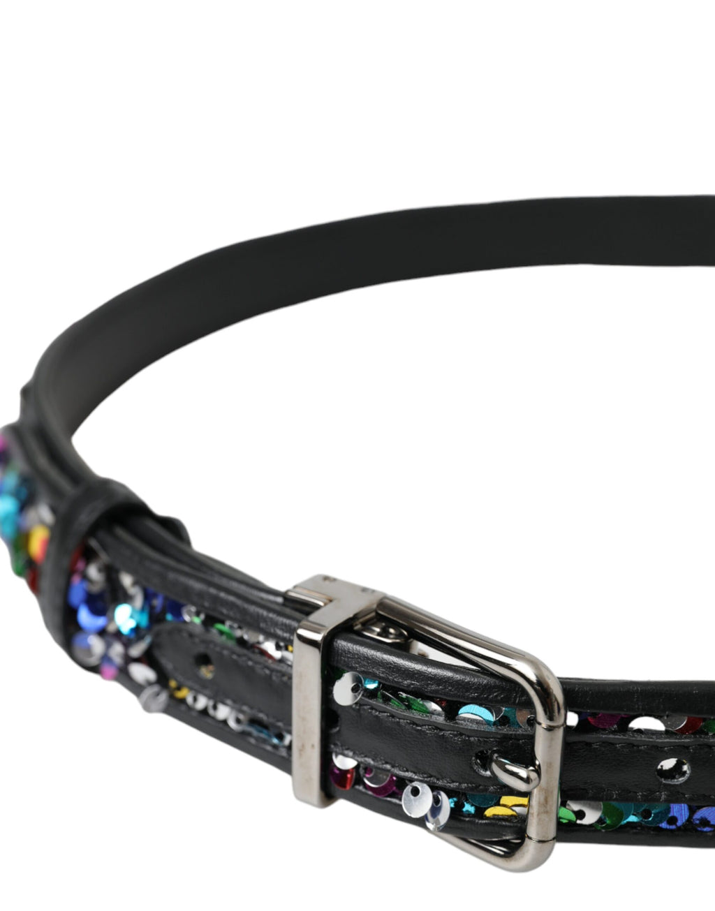 Dolce &amp; Gabbana Damengürtel mit schwarzer Paillettenschnalle aus silbernem Metall