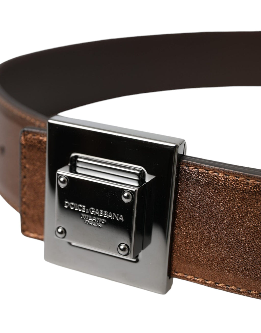 Dolce &amp; Gabbana Gürtel aus metallisch bronzefarbenem Leder mit quadratischer Metallschnalle