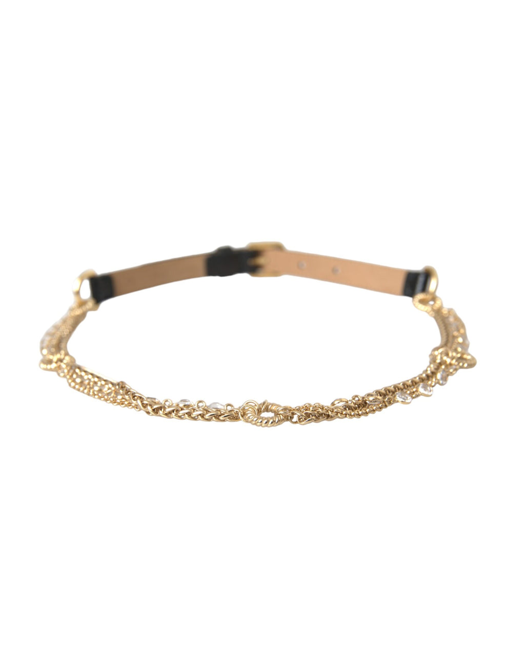 Dolce &amp; Gabbana Damen-Taillengürtel aus schwarzem Leder mit Goldkette und Kristallen