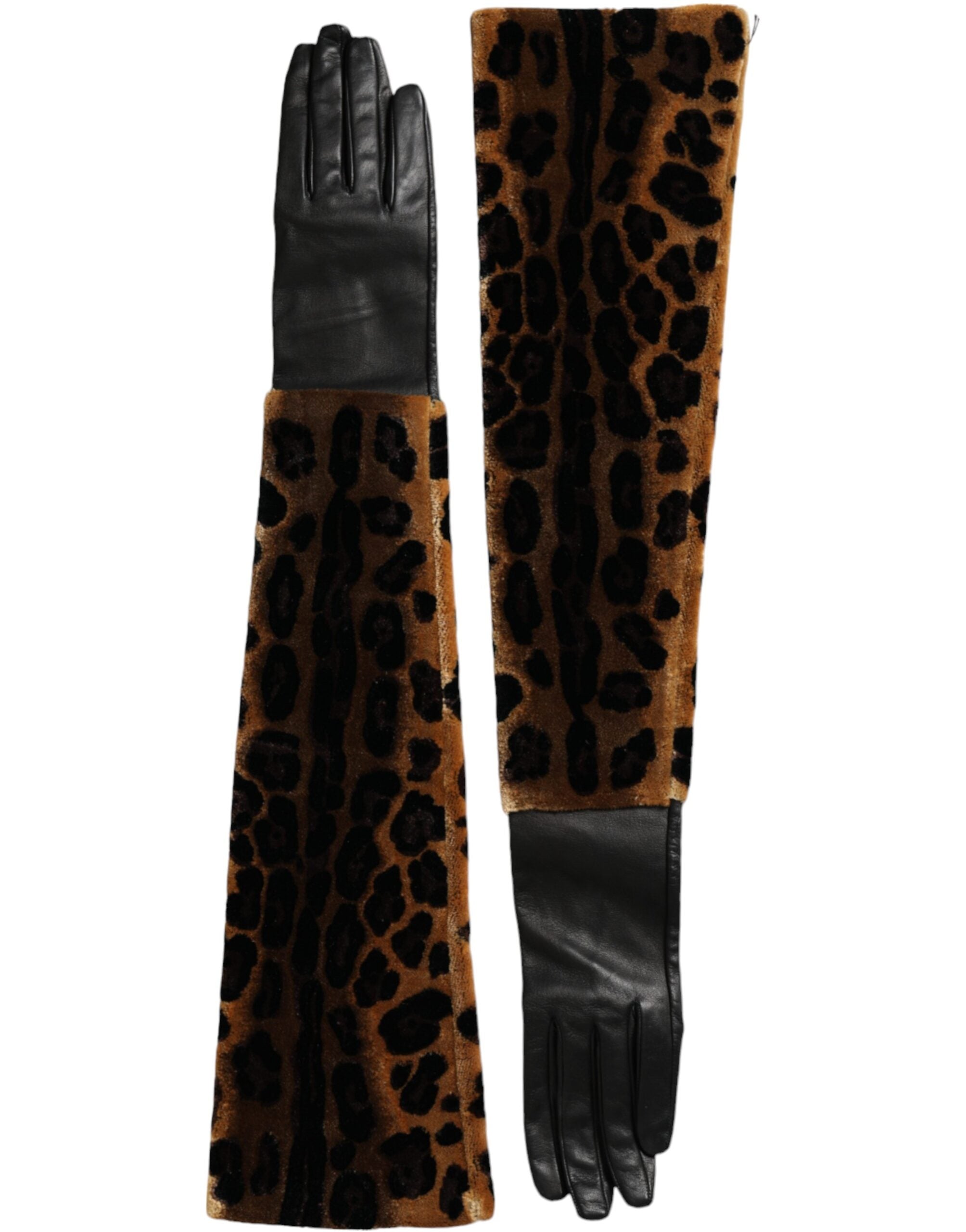 Gants Dolce &amp; Gabbana en cuir marron et noir à motif léopard, longueur coude