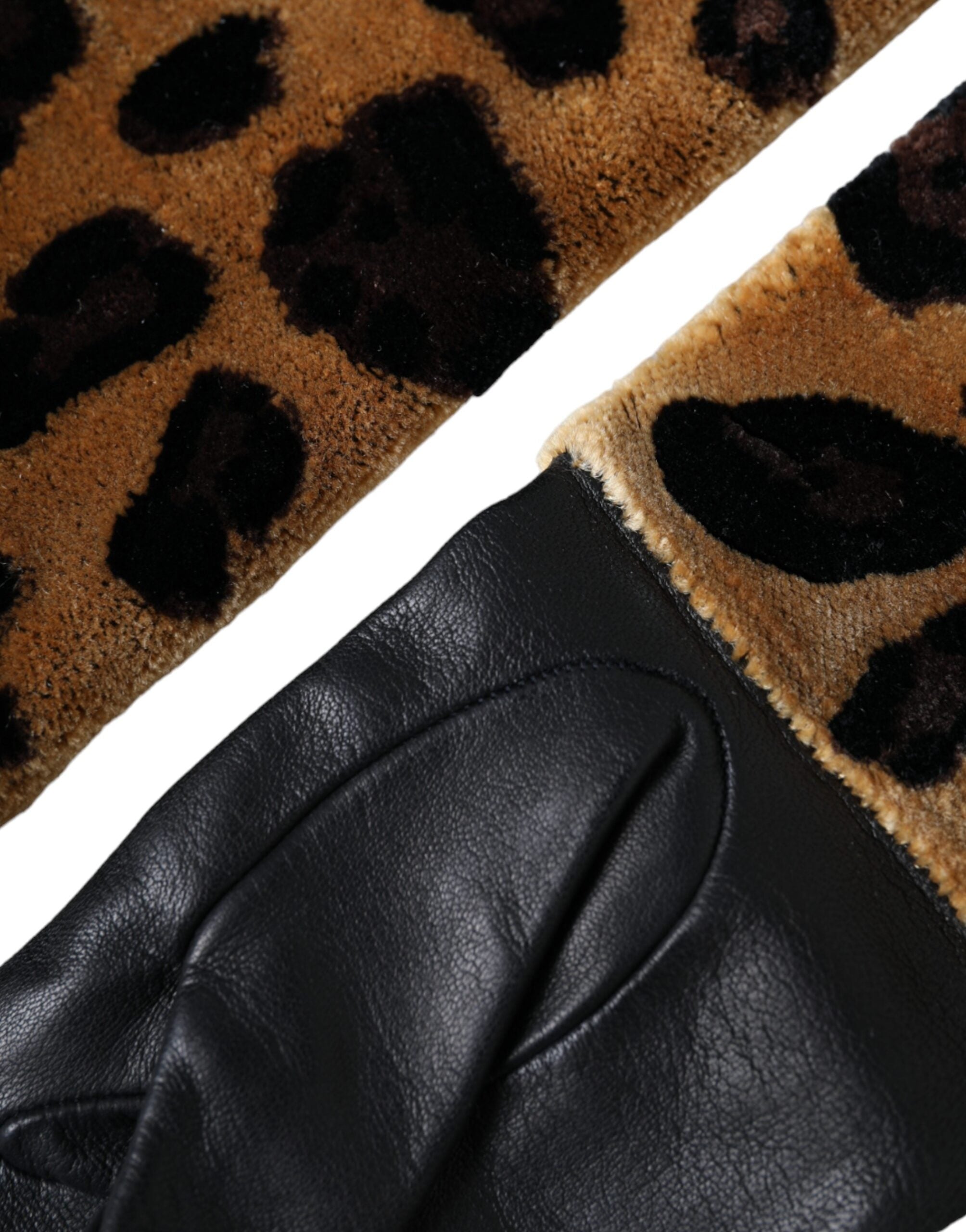 Gants Dolce &amp; Gabbana en cuir marron et noir à motif léopard, longueur coude