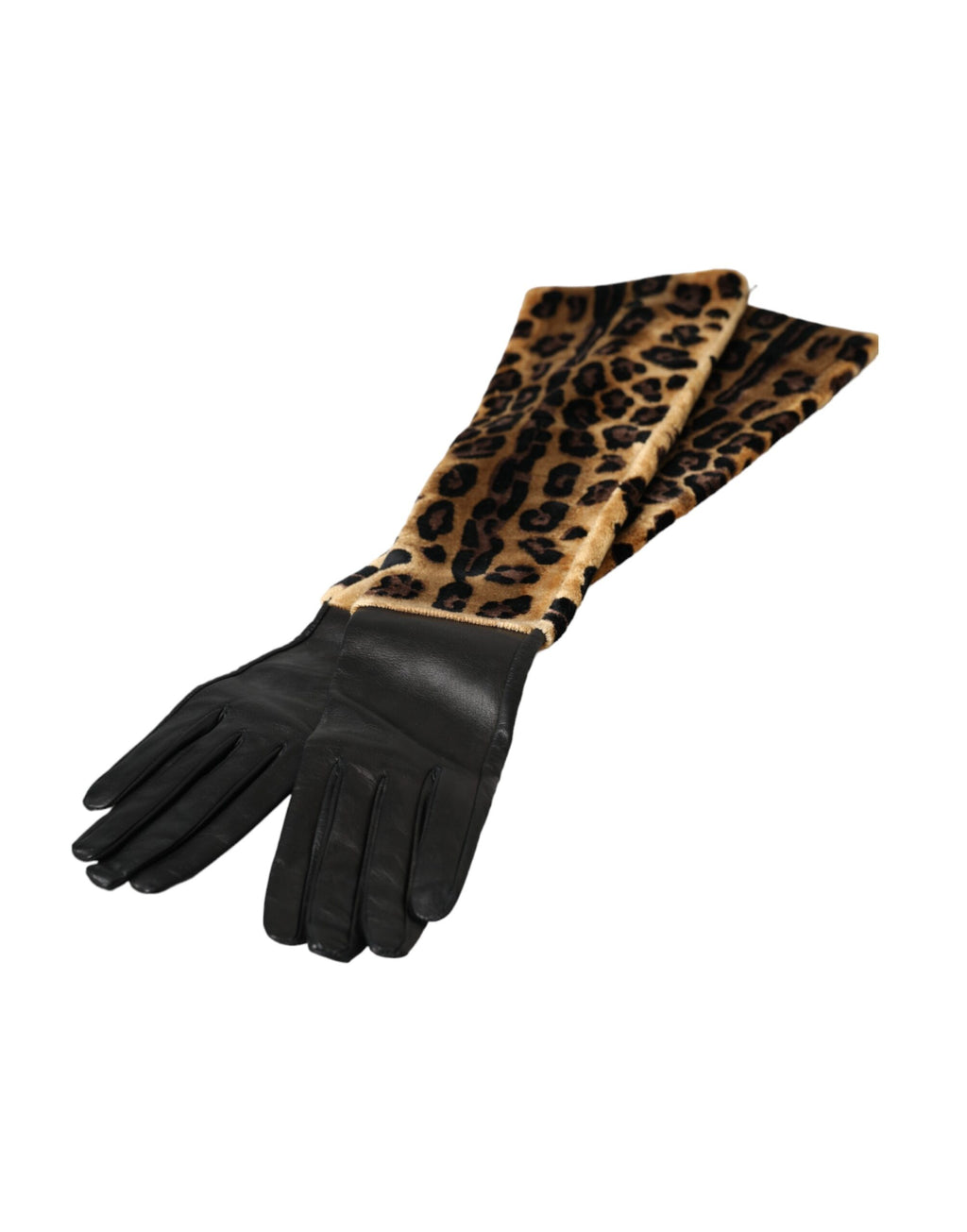 Gants Dolce &amp; Gabbana en cuir marron et noir à motif léopard, longueur coude