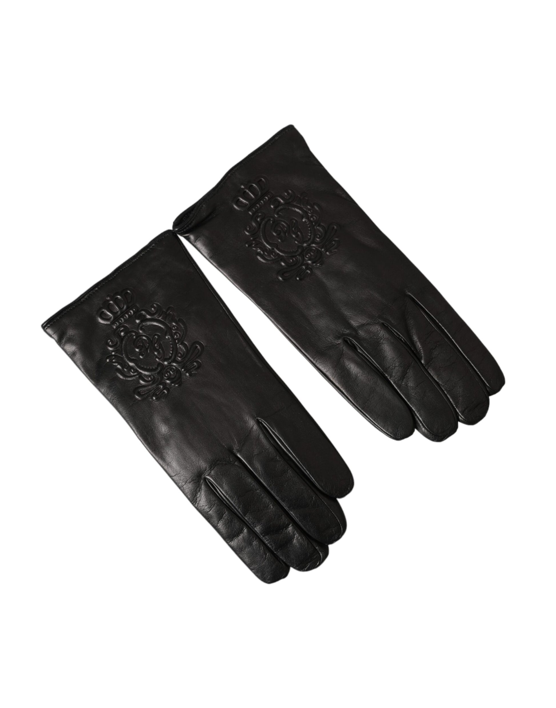 Dolce &amp; Gabbana – Kurze Handschuhe aus schwarzem Leder mit geprägtem Logo