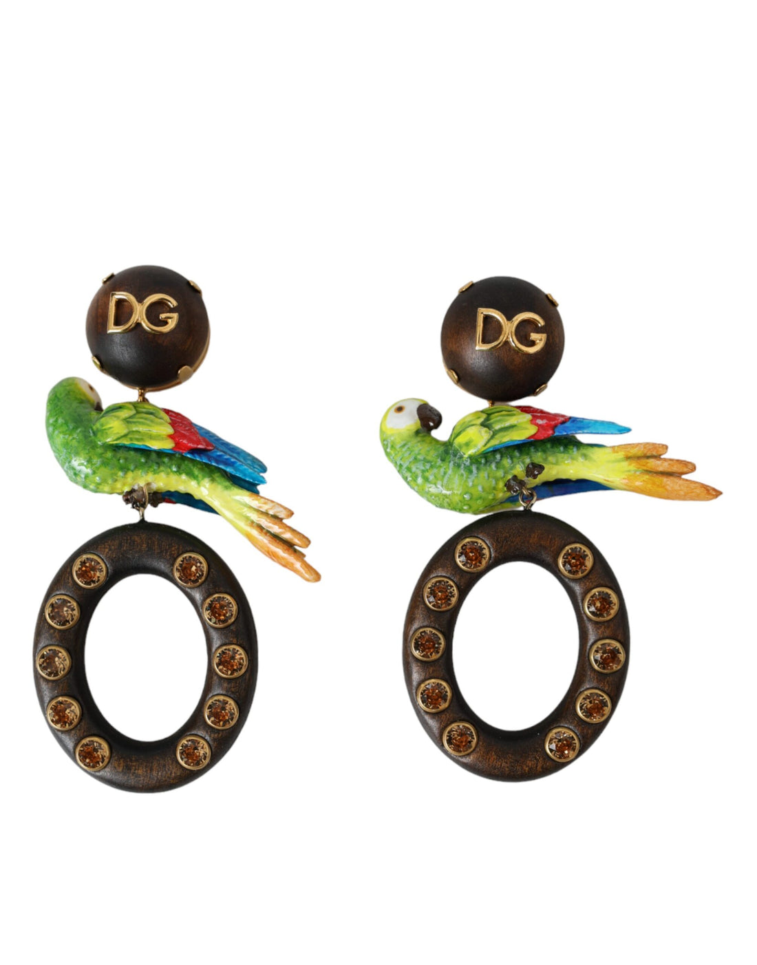Dolce &amp; Gabbana – Mehrfarbige Ohrringe mit Papageienholz und Messing und Kristallverzierung