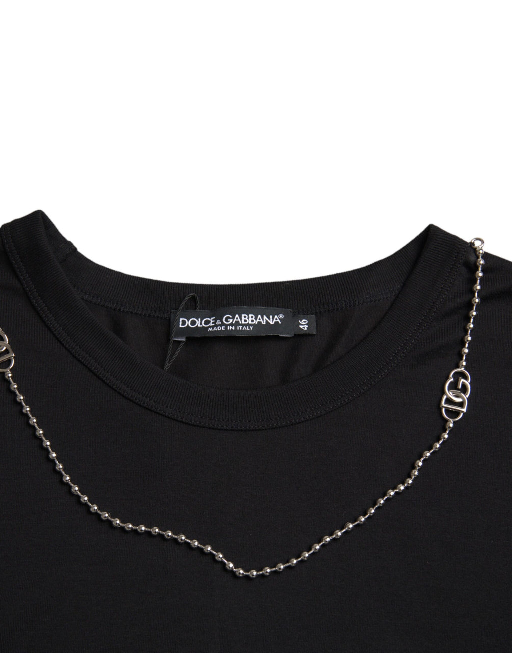 Dolce &amp; Gabbana – Schwarzes, kurzärmliges T-Shirt aus Baumwolle mit silberner Kette