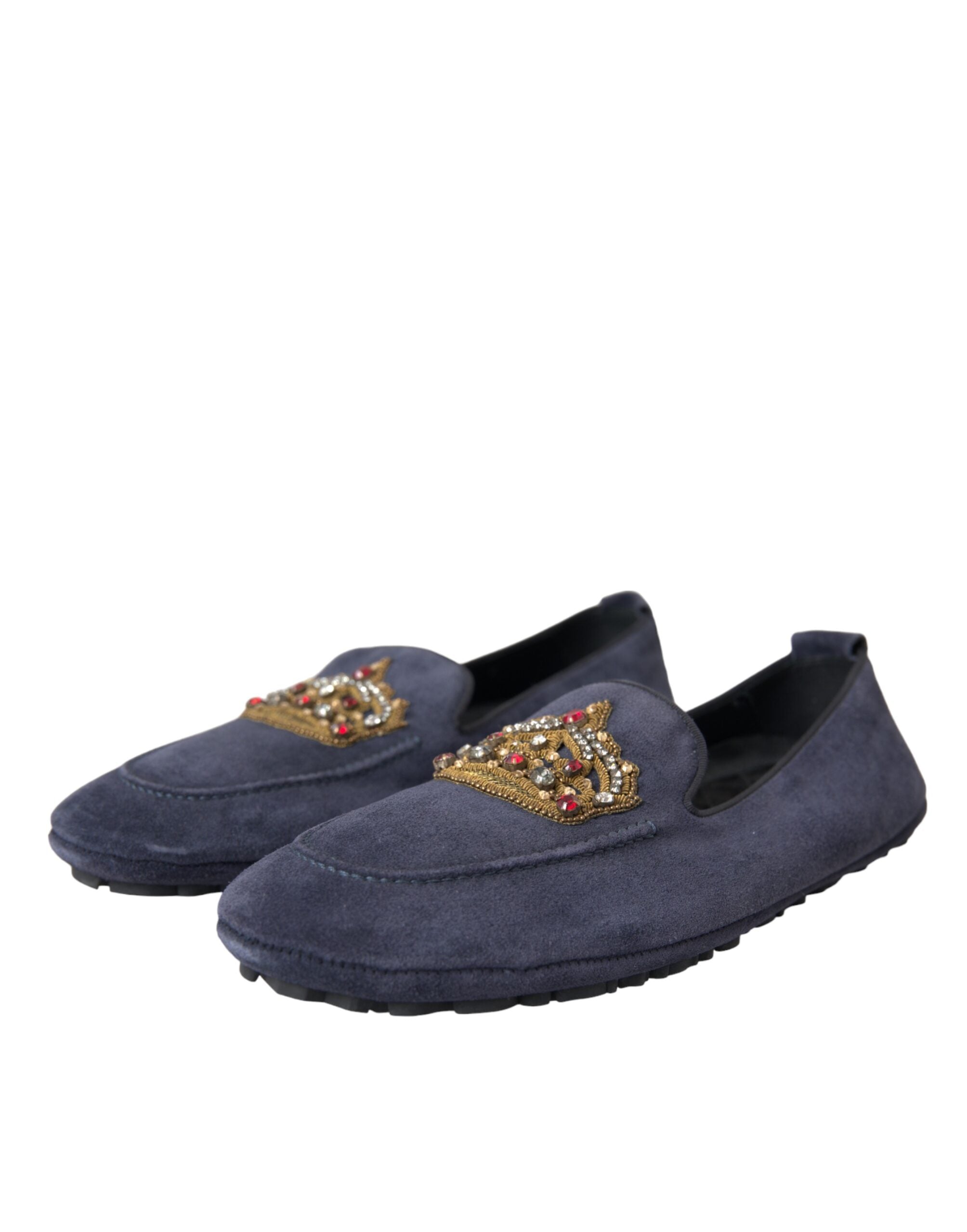 Mocassins Dolce &amp; Gabbana en cuir bleu et daim avec couronne en cristal