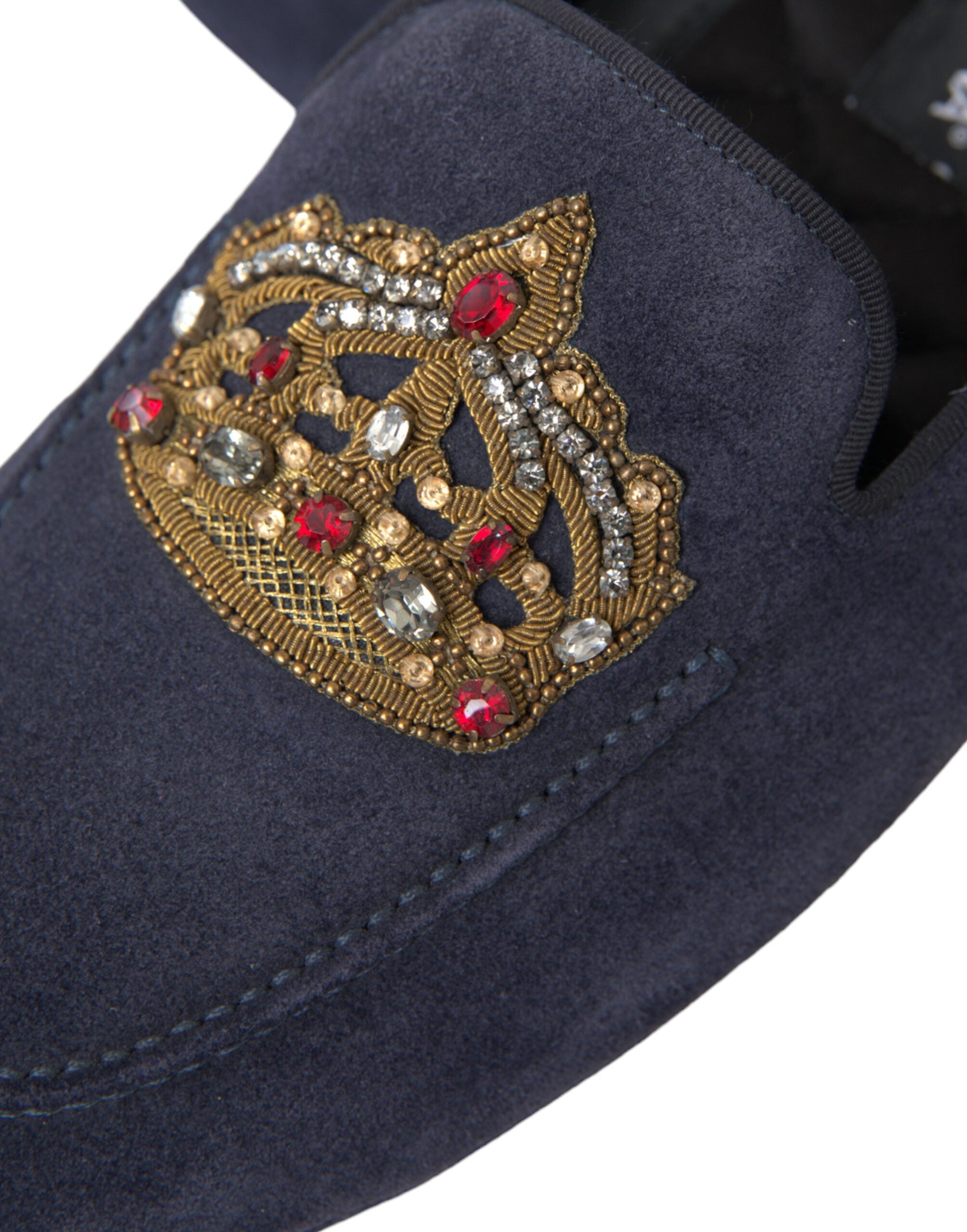 Mocassins Dolce &amp; Gabbana en cuir bleu et daim avec couronne en cristal