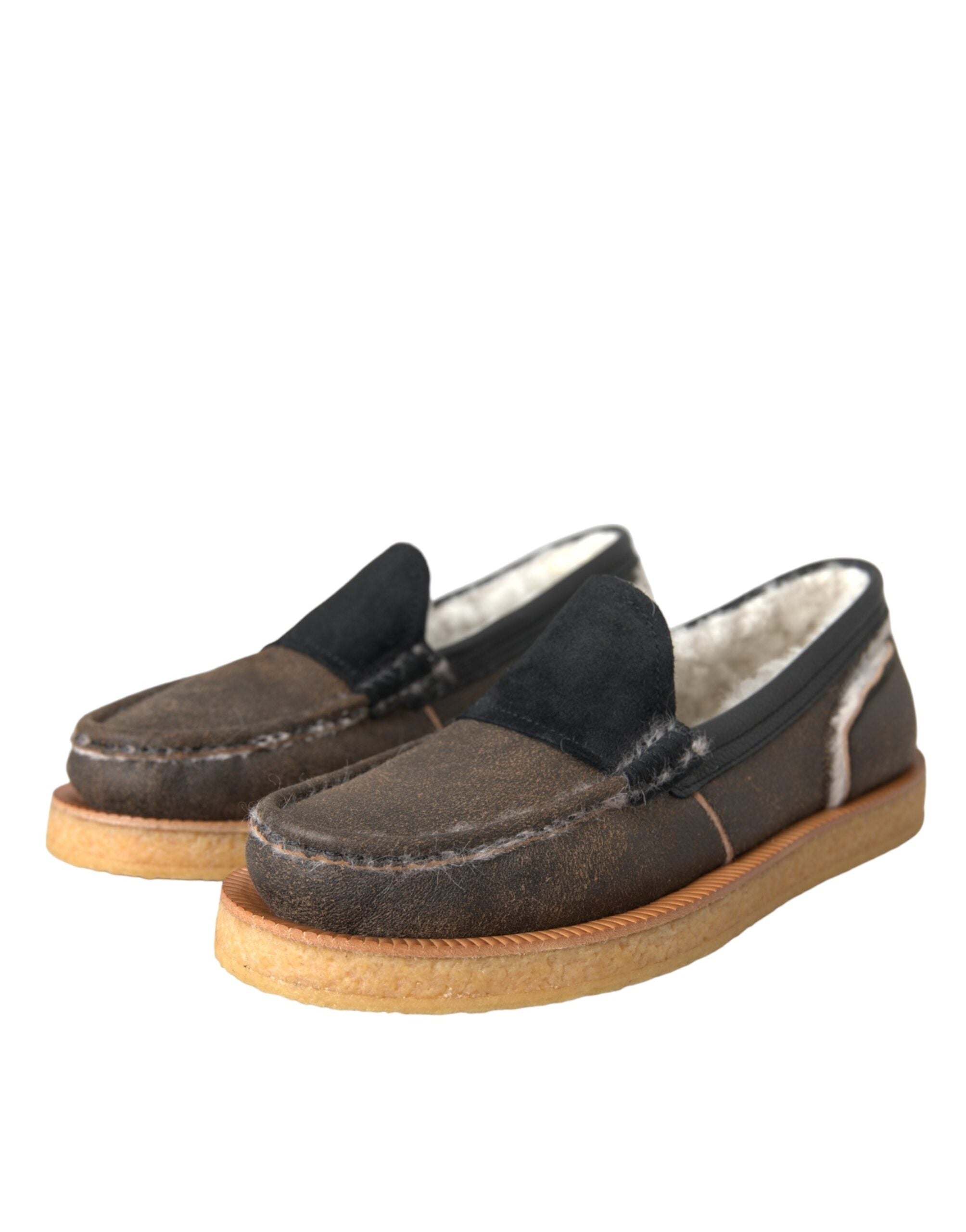 Mocassins en cuir et fourrure marron et noir Dolce &amp; Gabbana pour hommes