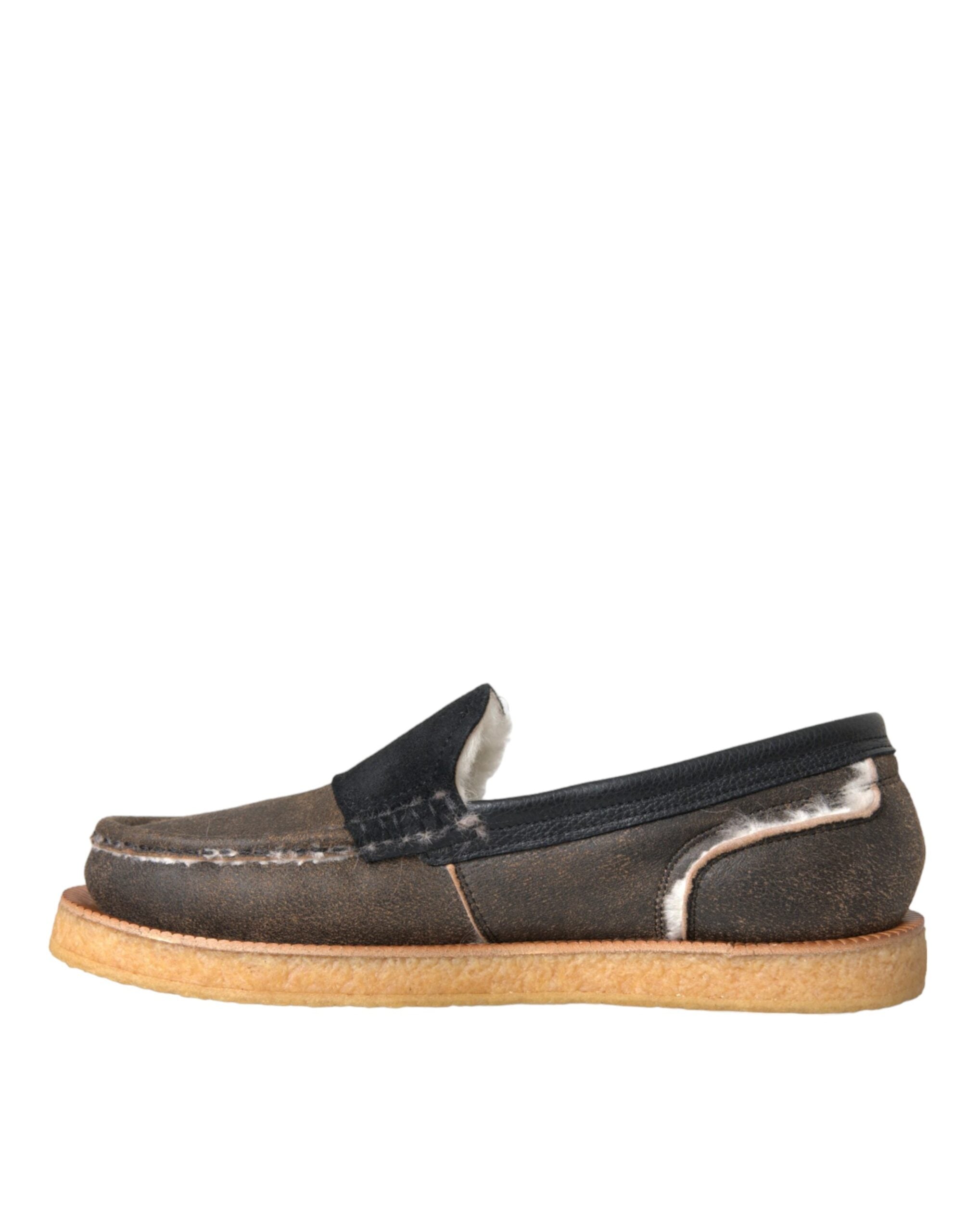 Mocassins en cuir et fourrure marron et noir Dolce &amp; Gabbana pour hommes