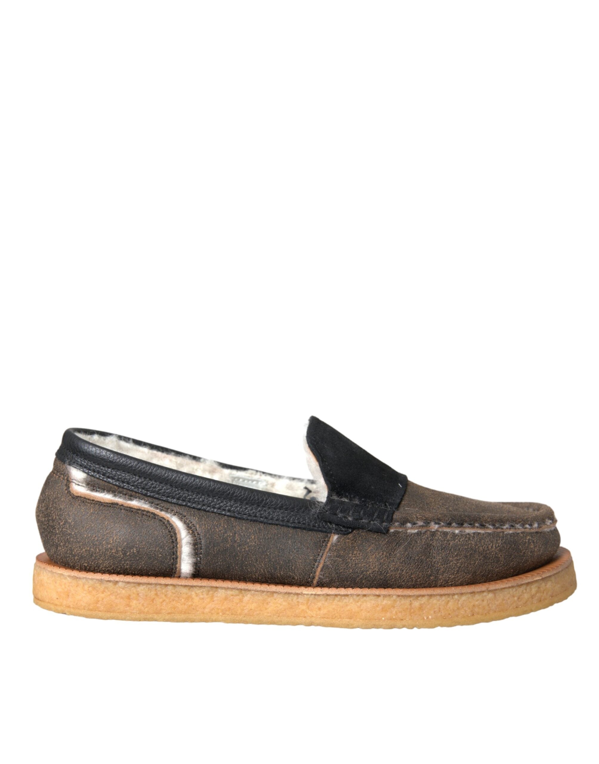Mocassins en cuir et fourrure marron et noir Dolce &amp; Gabbana pour hommes