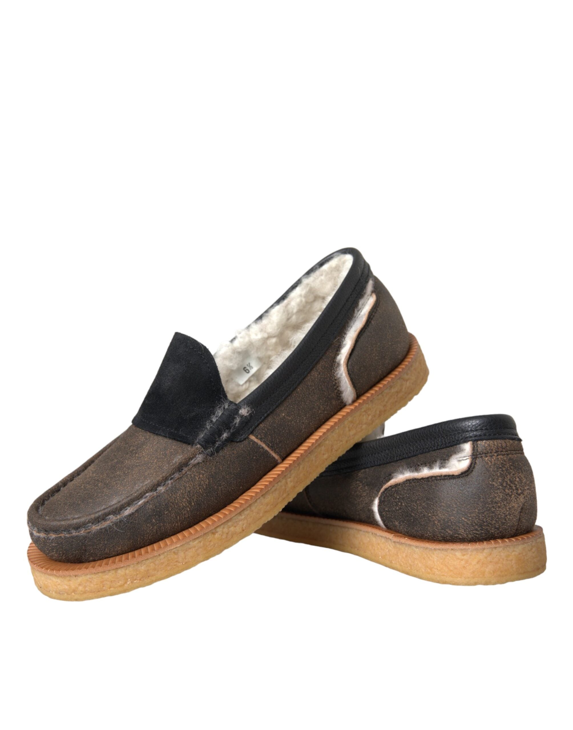 Mocassins en cuir et fourrure marron et noir Dolce &amp; Gabbana pour hommes