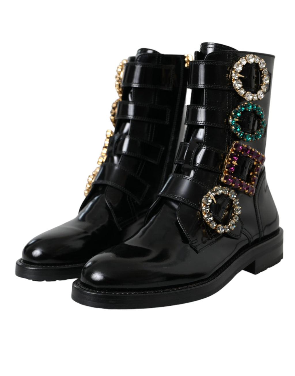 Dolce &amp; Gabbana Schwarze Lederstiefel mit Kristallschnallen