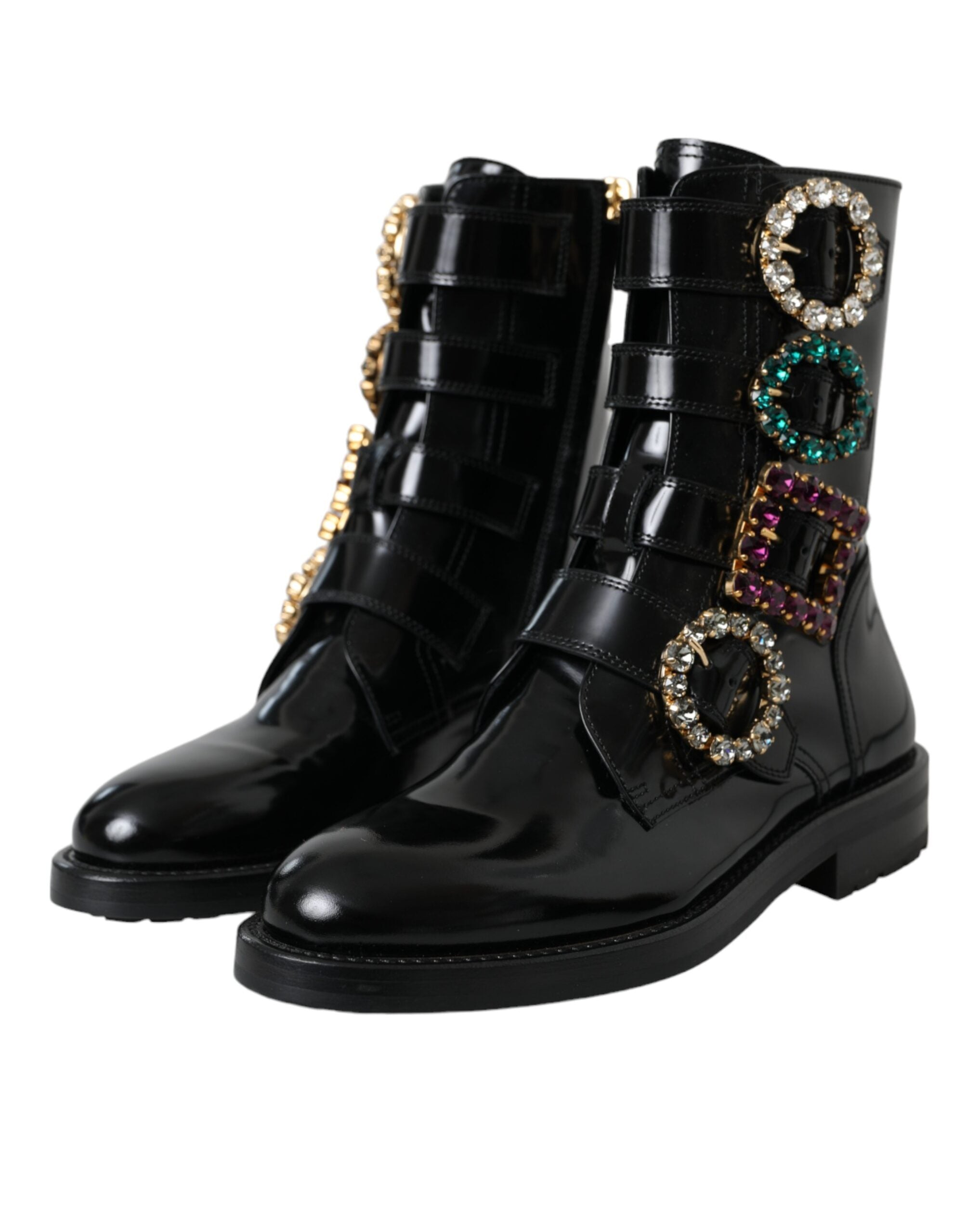 Dolce &amp; Gabbana Schwarze Lederstiefel mit Kristallschnallen