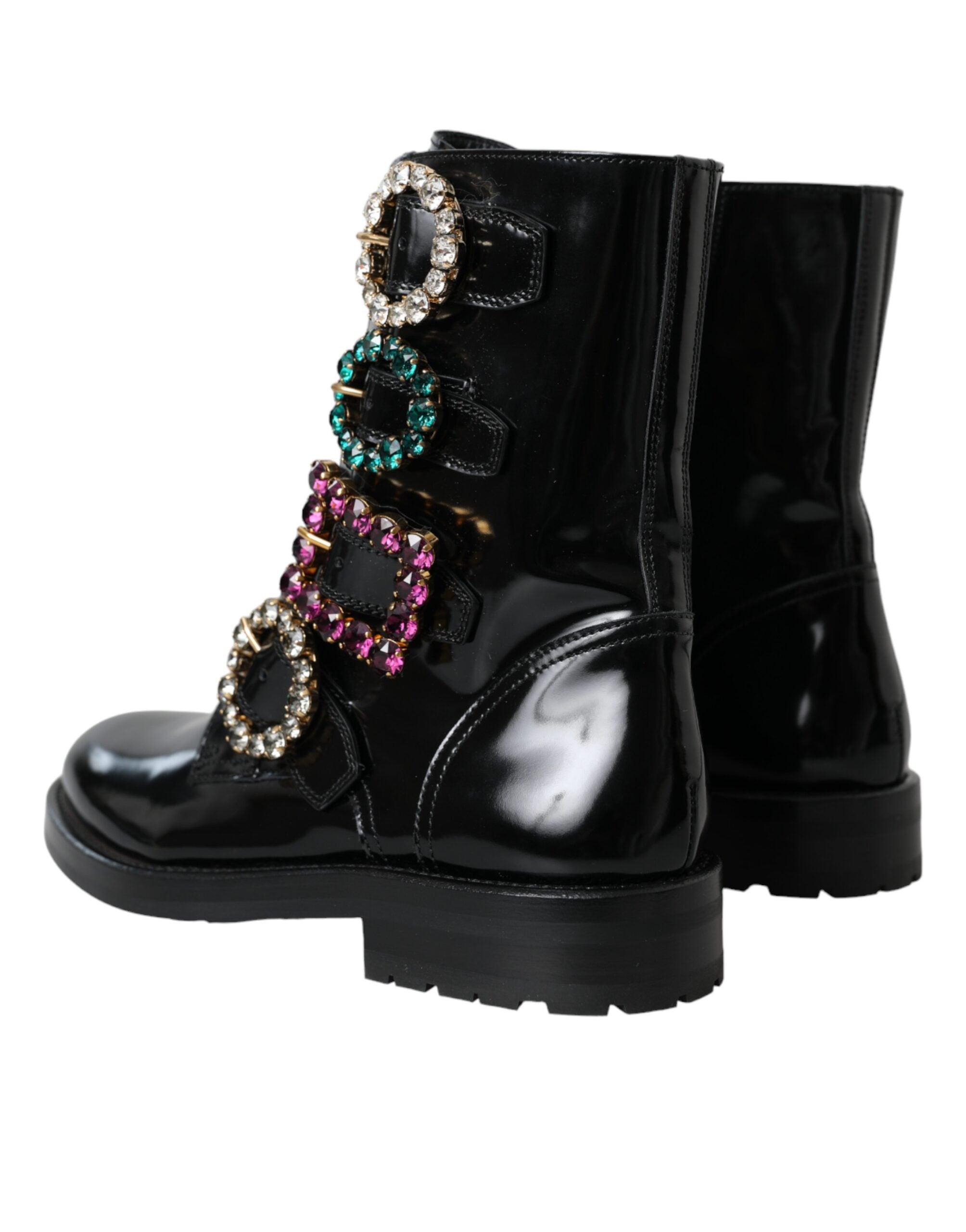 Dolce &amp; Gabbana Schwarze Lederstiefel mit Kristallschnallen