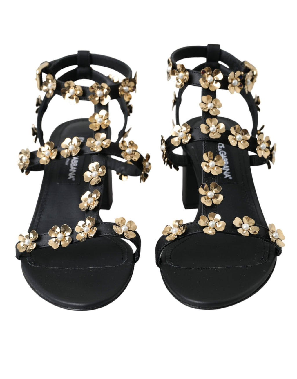 Sandales à talons ornées en cuir noir Dolce &amp; Gabbana