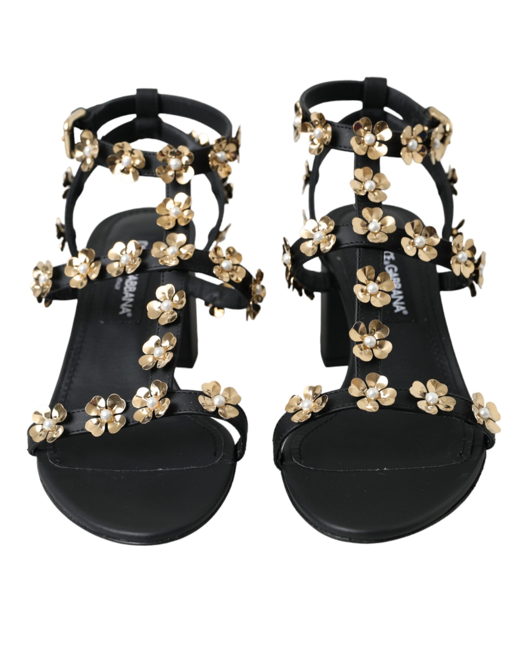 Sandales à talons ornées en cuir noir Dolce &amp; Gabbana