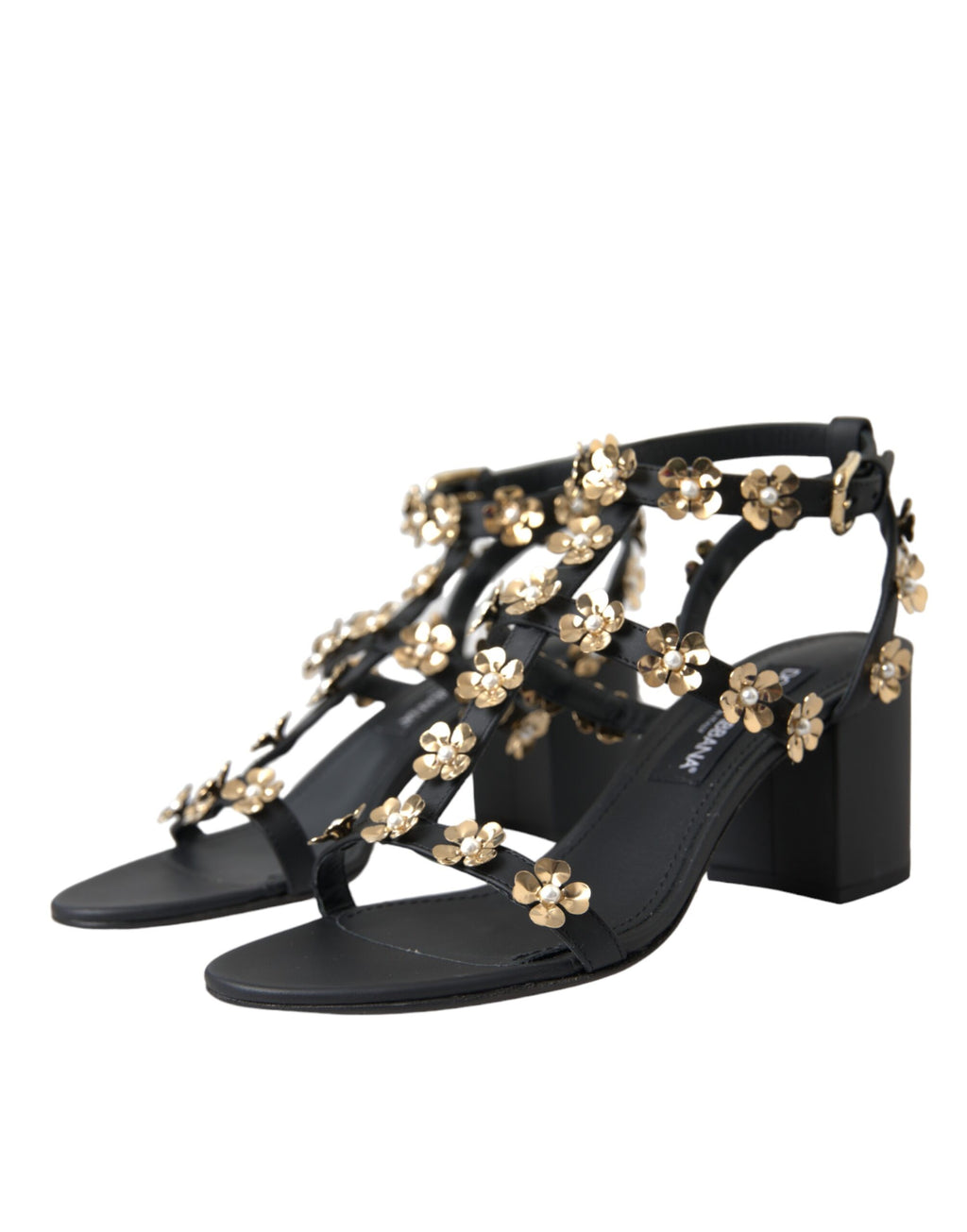 Sandales à talons ornées en cuir noir Dolce &amp; Gabbana