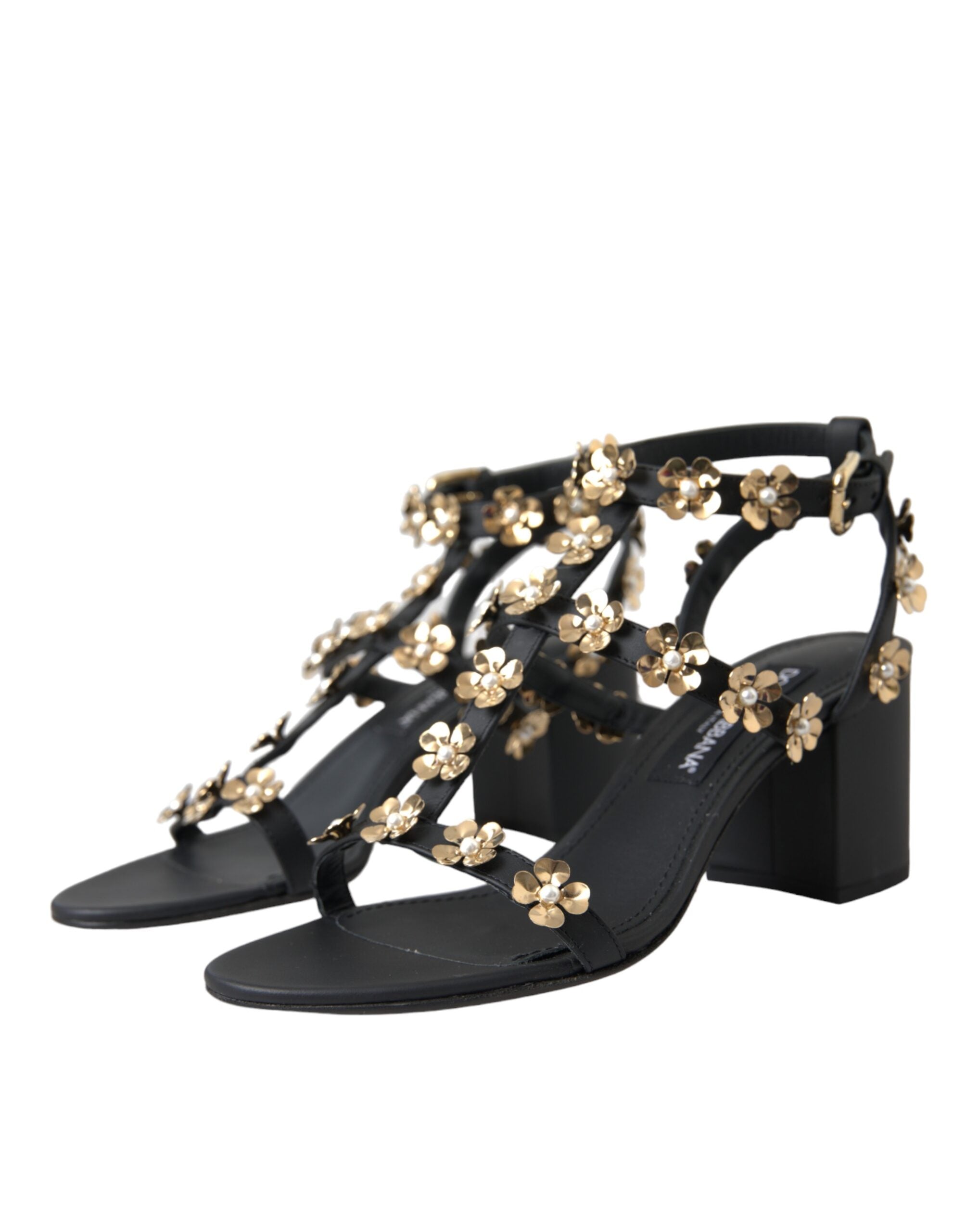 Sandales à talons ornées en cuir noir Dolce &amp; Gabbana