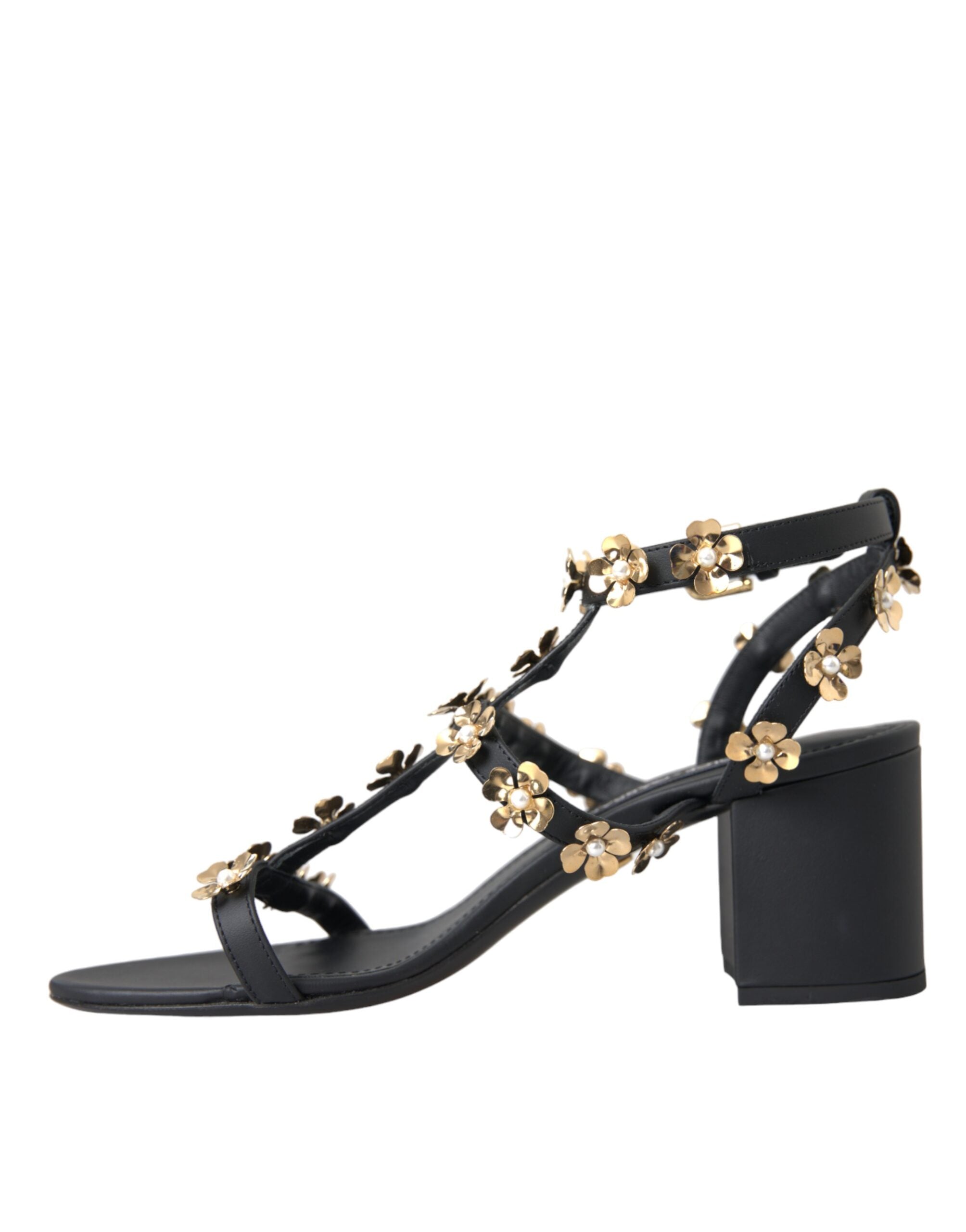Sandales à talons ornées en cuir noir Dolce &amp; Gabbana