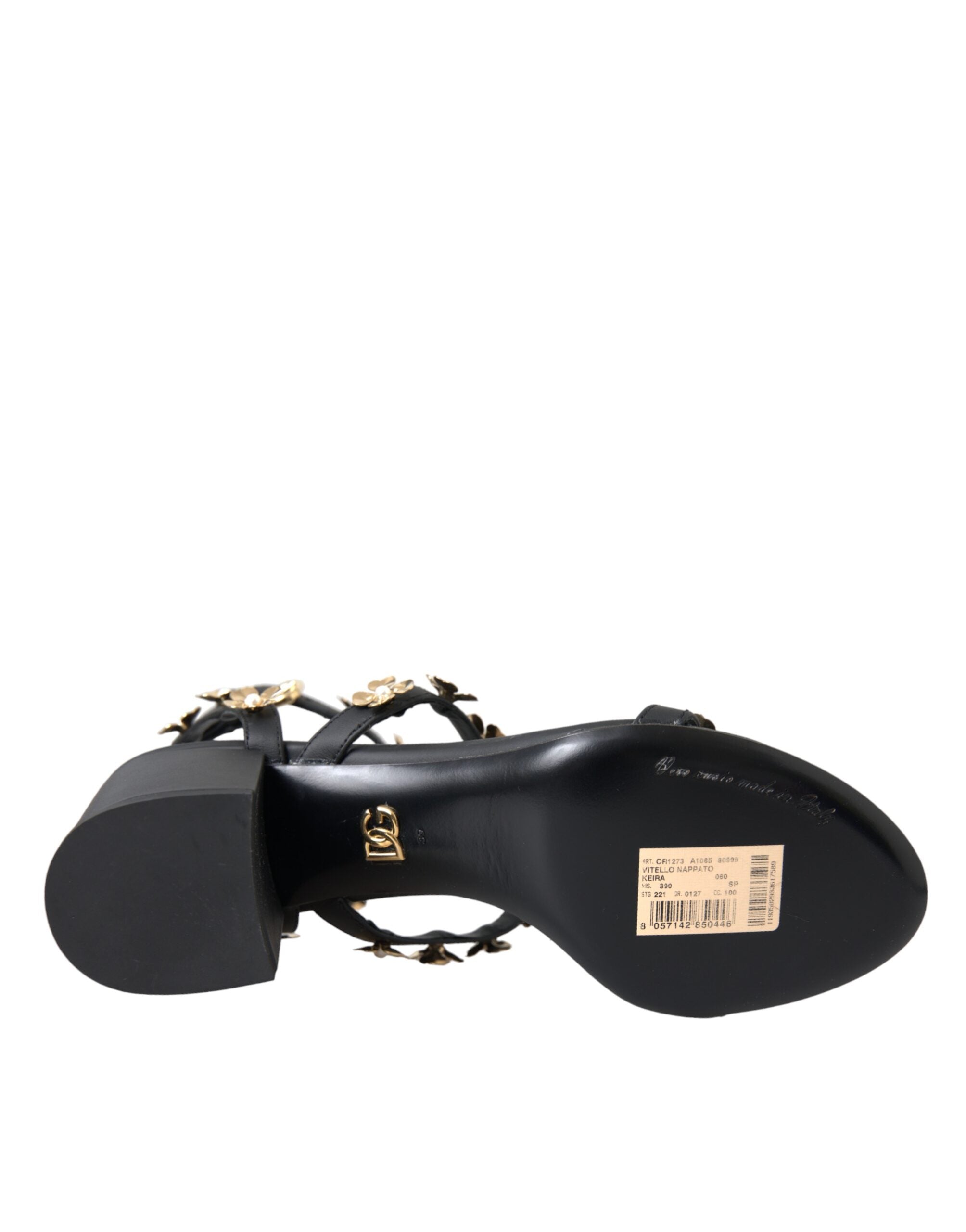 Sandales à talons ornées en cuir noir Dolce &amp; Gabbana