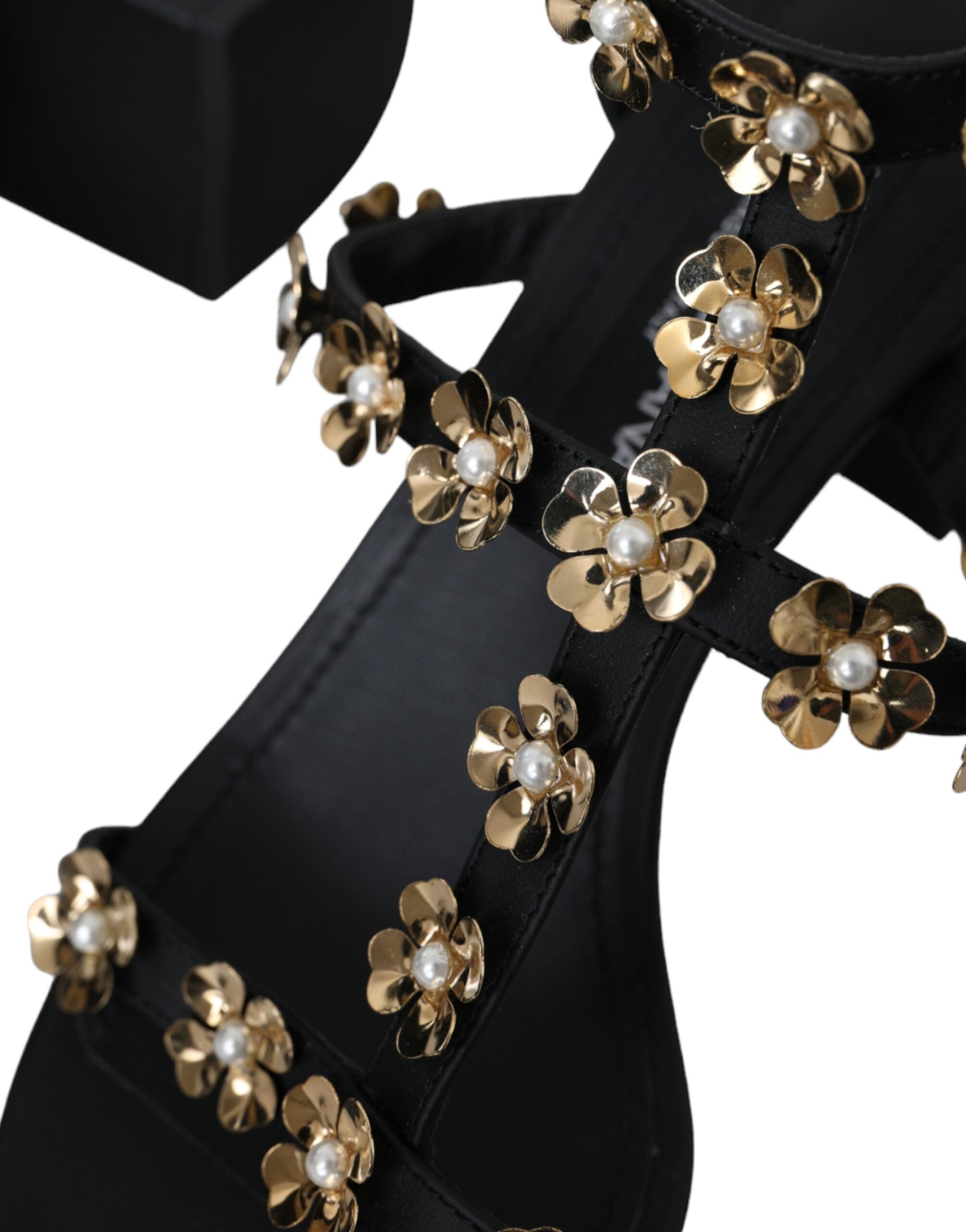 Sandales à talons ornées en cuir noir Dolce &amp; Gabbana