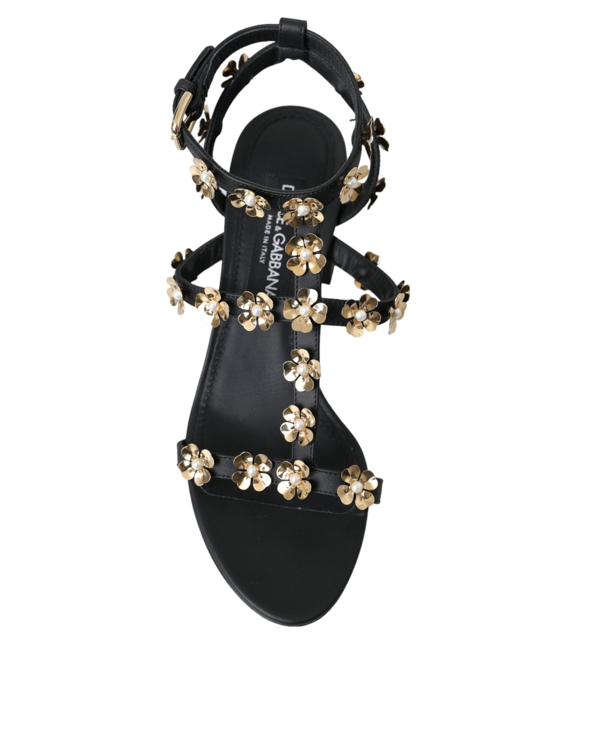 Sandales à talons ornées en cuir noir Dolce &amp; Gabbana