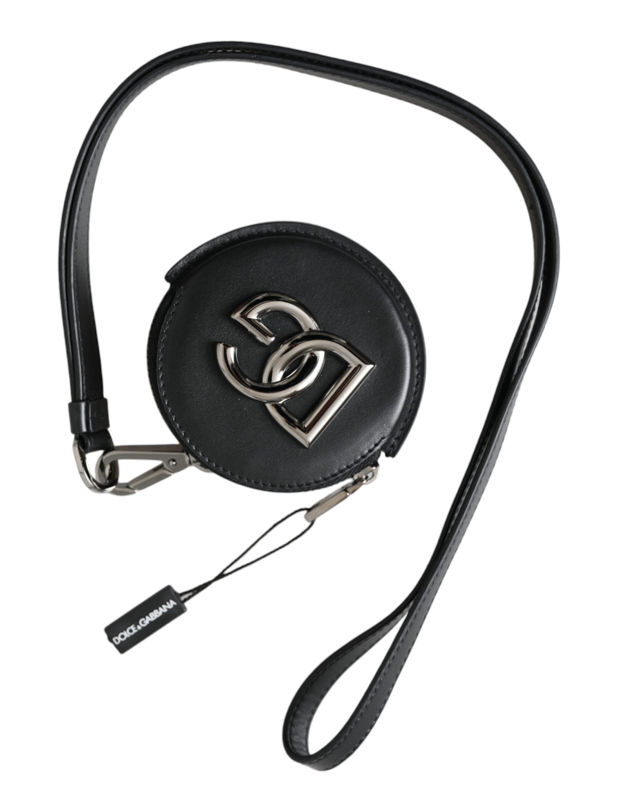 Portefeuille à cordon rond en cuir noir Dolce &amp; Gabbana avec logo DG
