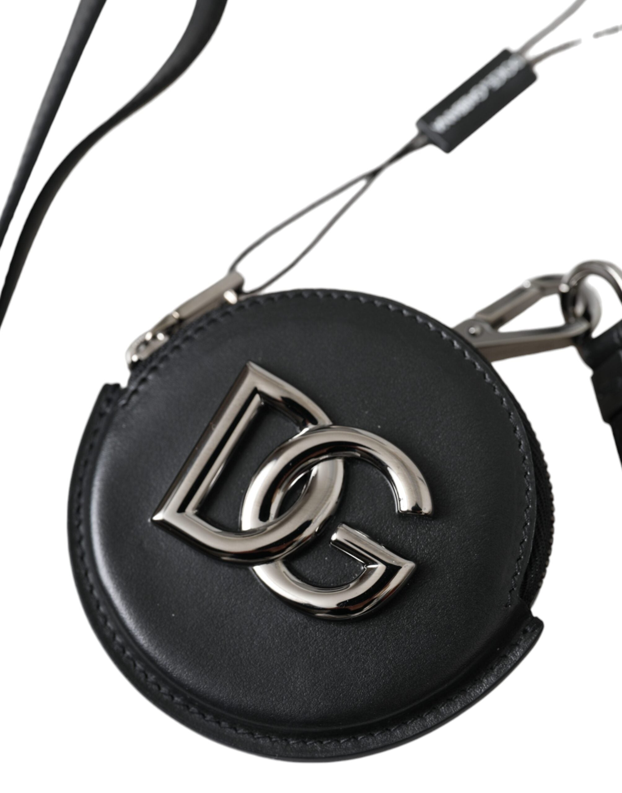Portefeuille à cordon rond en cuir noir Dolce &amp; Gabbana avec logo DG