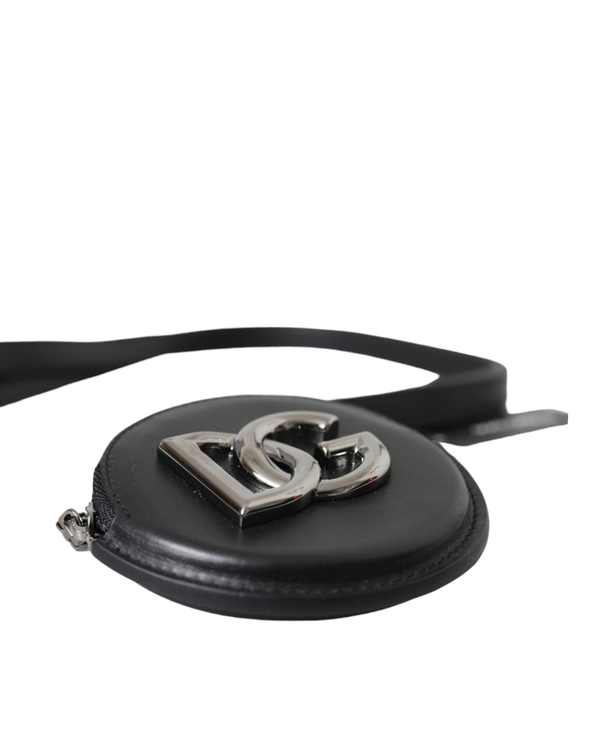 Portefeuille à cordon rond en cuir noir Dolce &amp; Gabbana avec logo DG