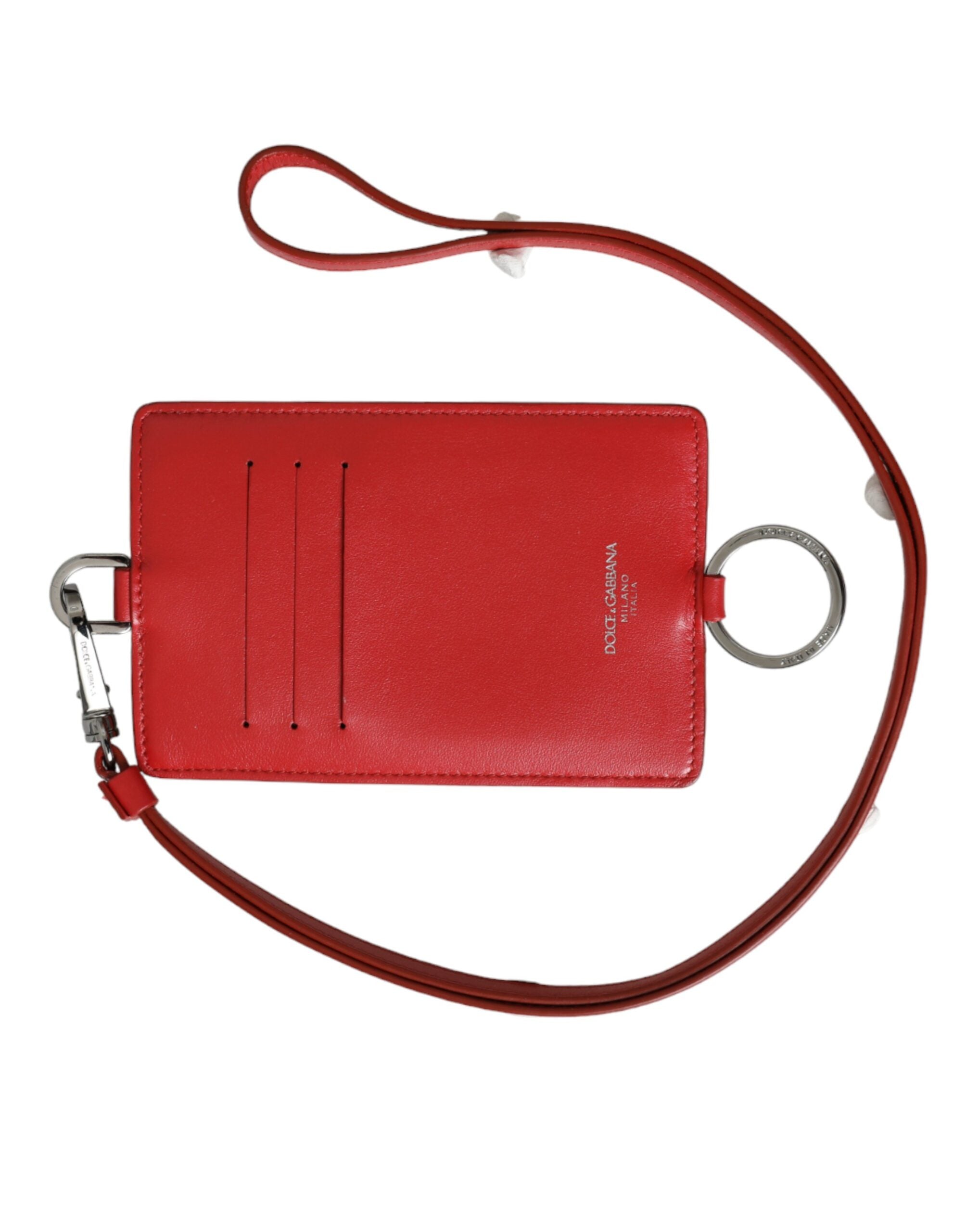 Portefeuille porte-cartes Dolce &amp; Gabbana en cuir de veau rouge avec cordon et logo