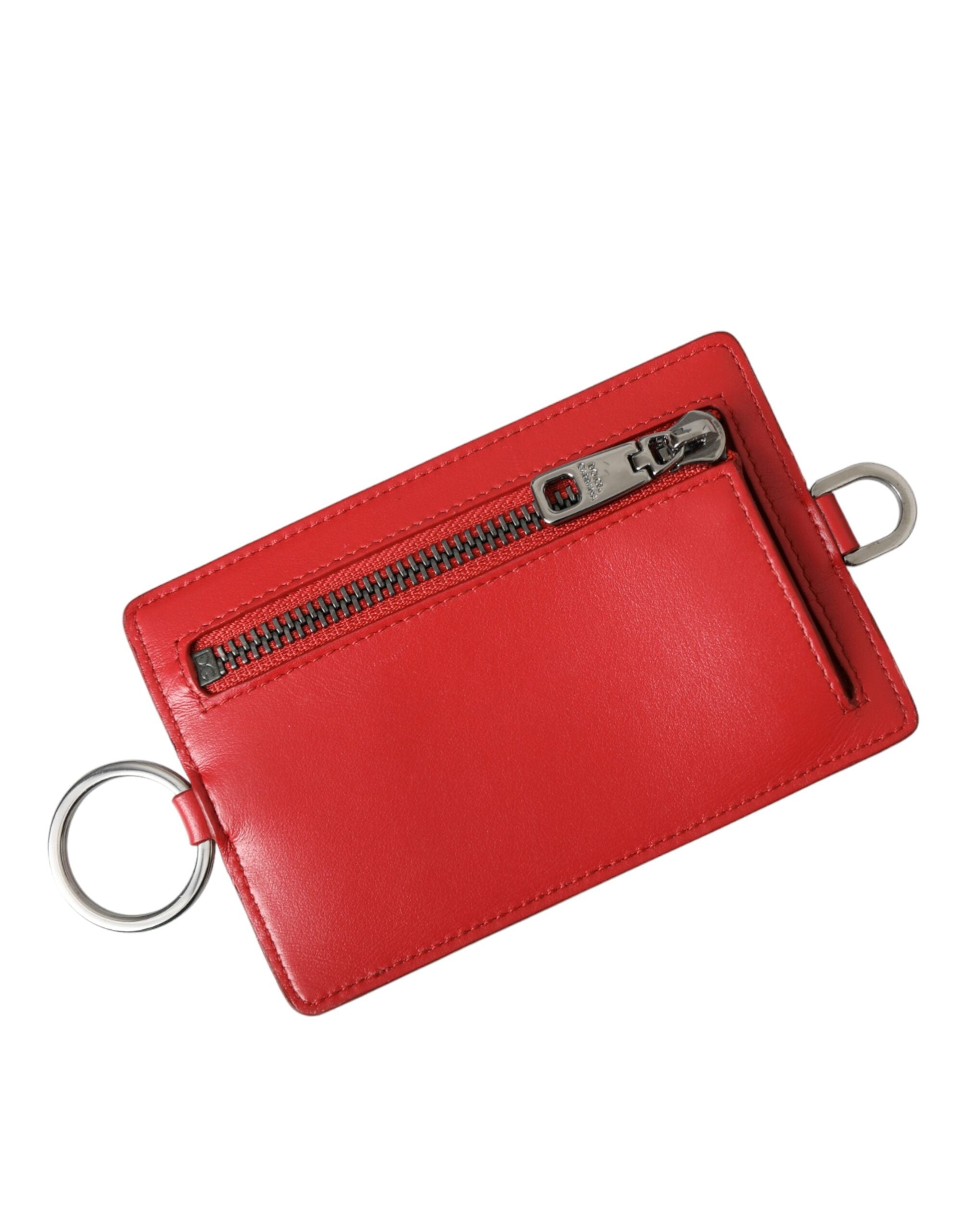 Portefeuille porte-cartes Dolce &amp; Gabbana en cuir de veau rouge avec cordon et logo