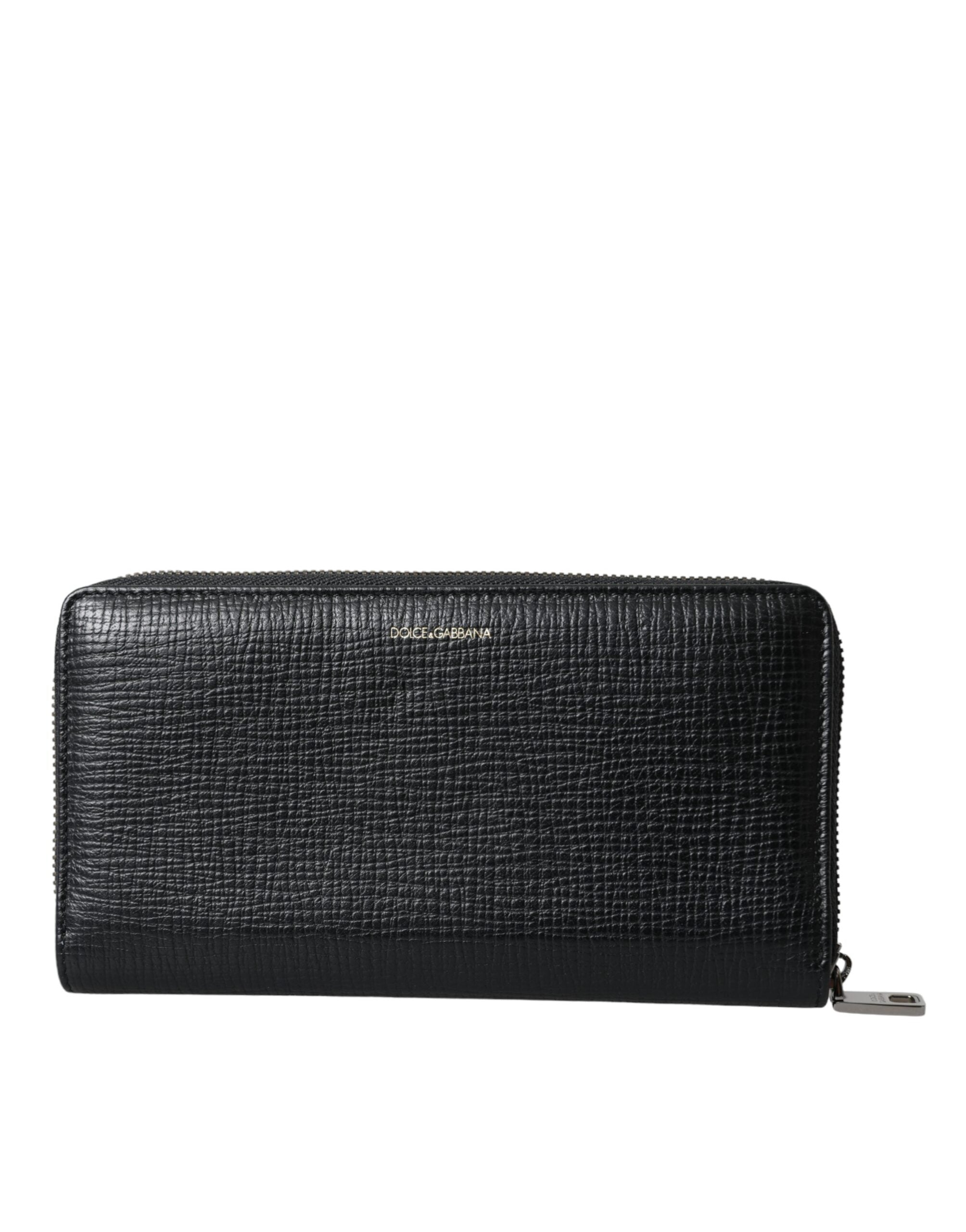 Portefeuille continental zippé en cuir noir Dolce &amp; Gabbana avec patch logo