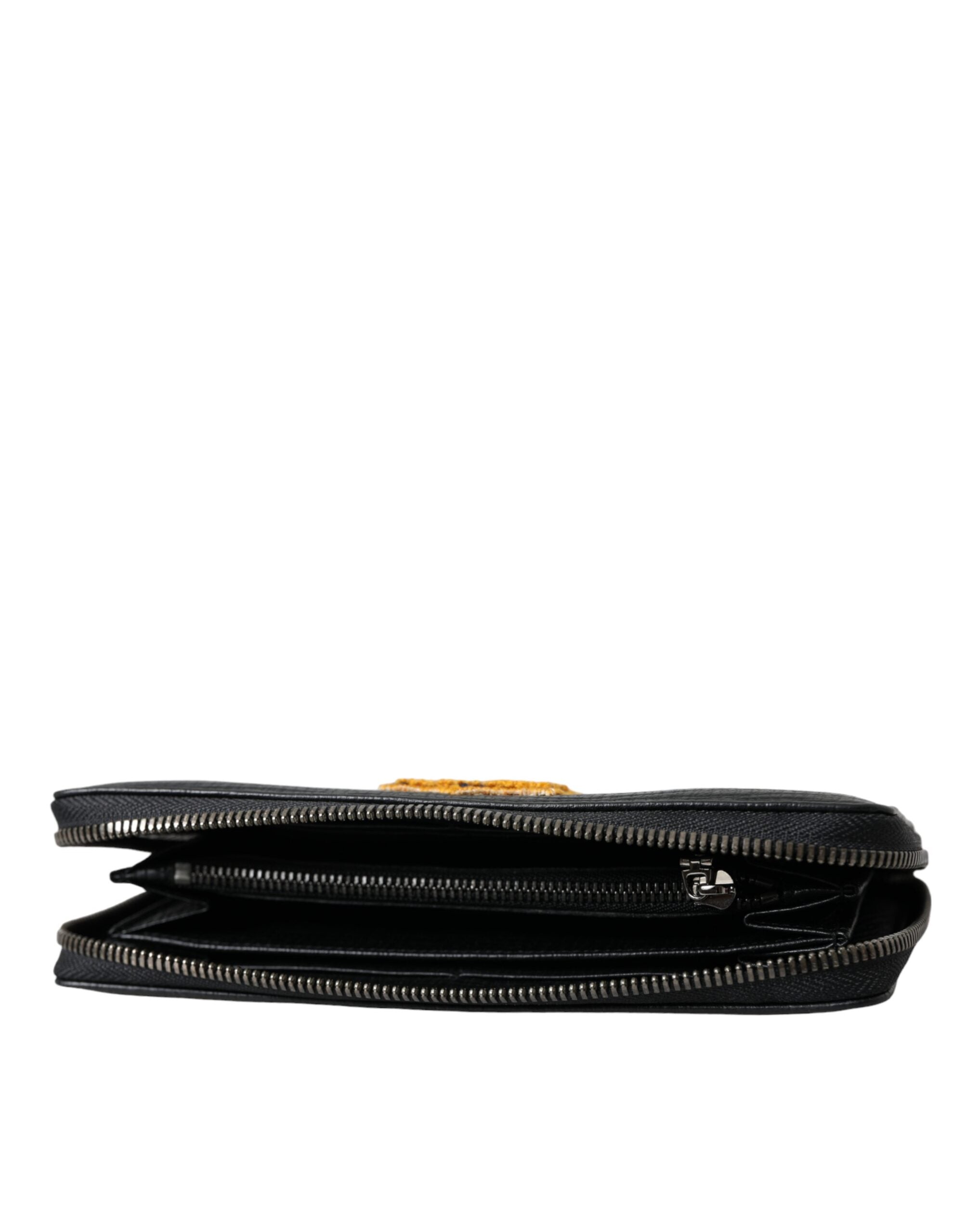 Portefeuille continental zippé en cuir noir Dolce &amp; Gabbana avec patch logo