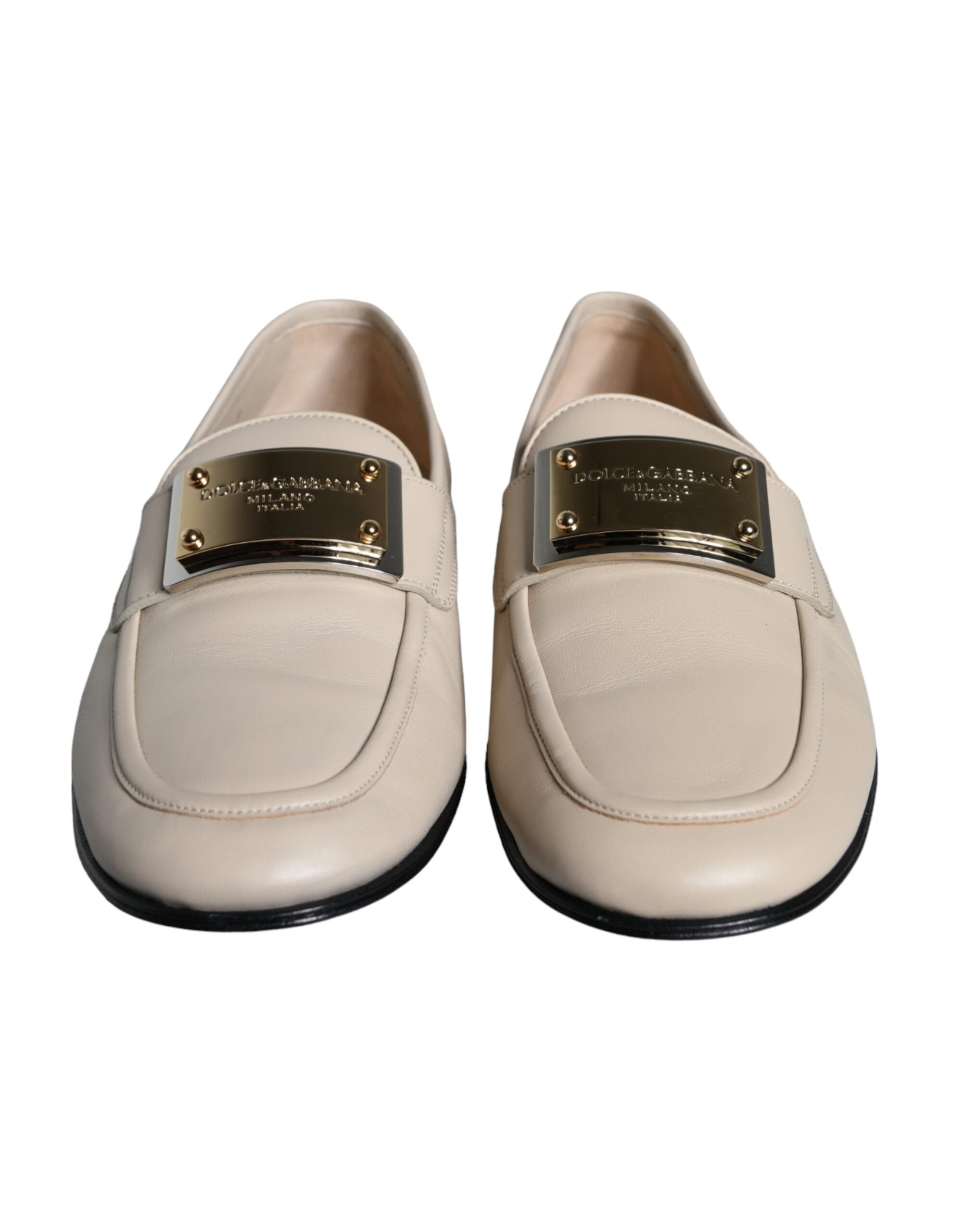 Mocassins à enfiler Dolce &amp; Gabbana en cuir beige avec plaque logo pour homme
