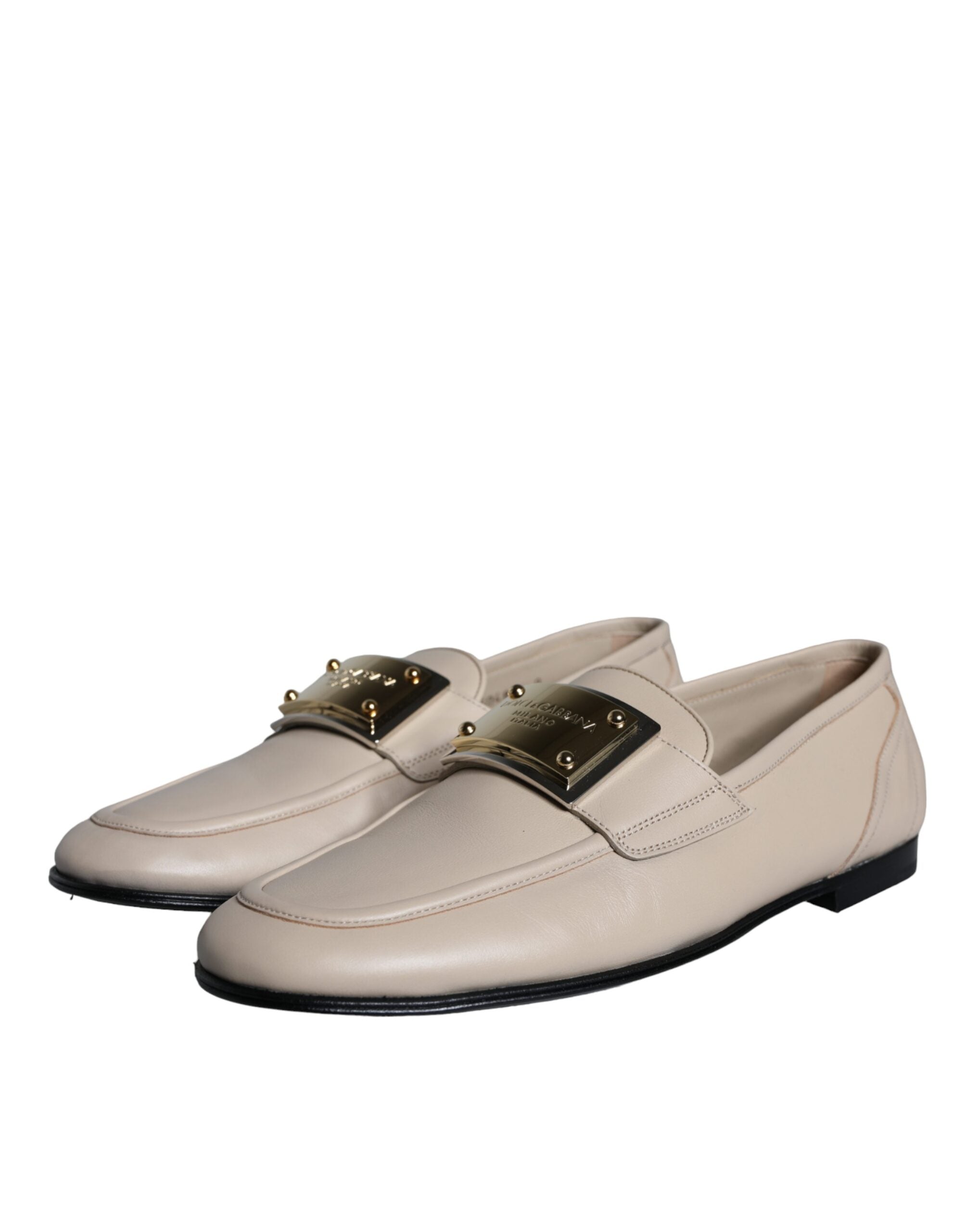 Mocassins à enfiler Dolce &amp; Gabbana en cuir beige avec plaque logo pour homme