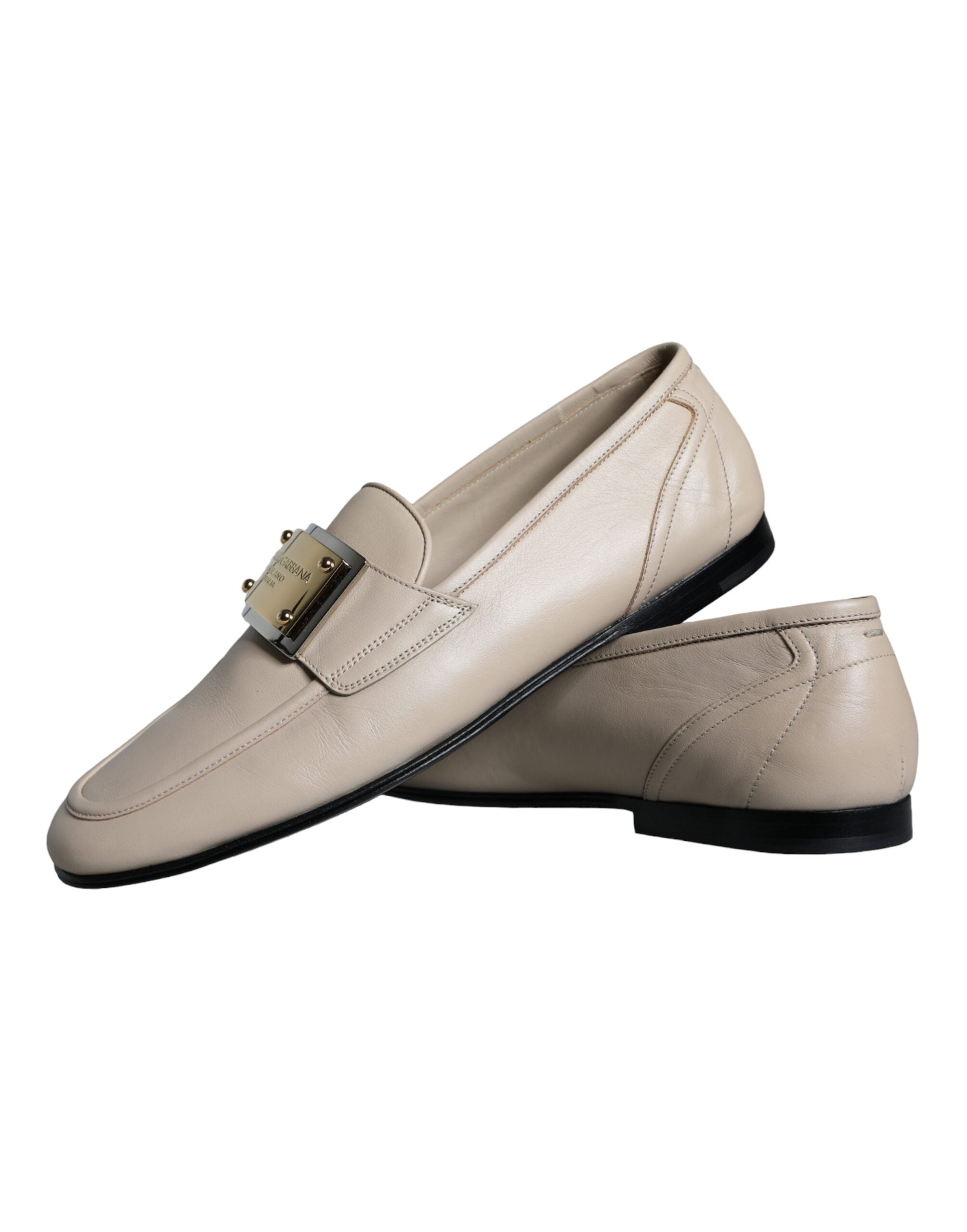 Mocassins à enfiler Dolce &amp; Gabbana en cuir beige avec plaque logo pour homme