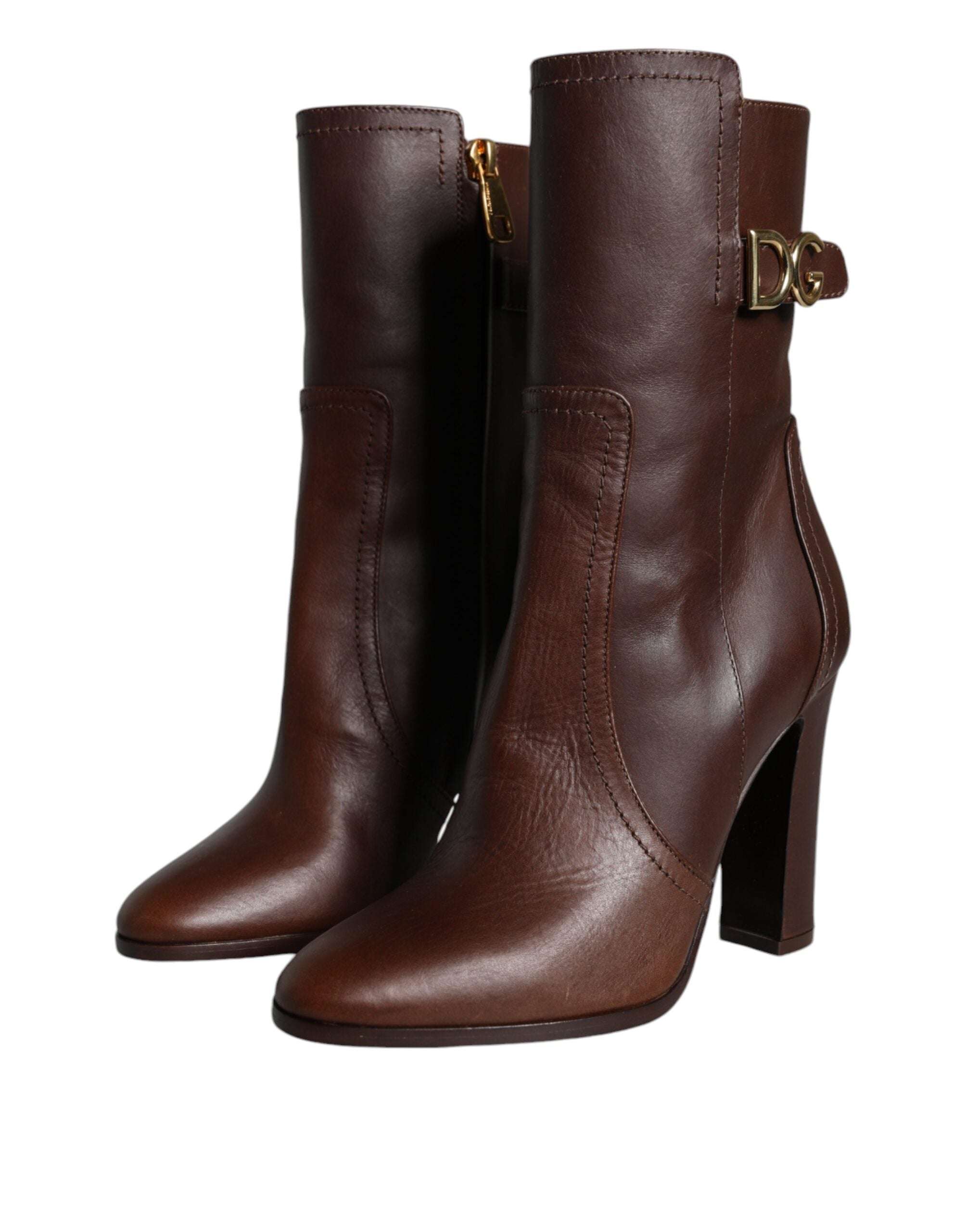 Dolce &amp; Gabbana Braune Leder Heels Halbhohe Stiefel Schuhe