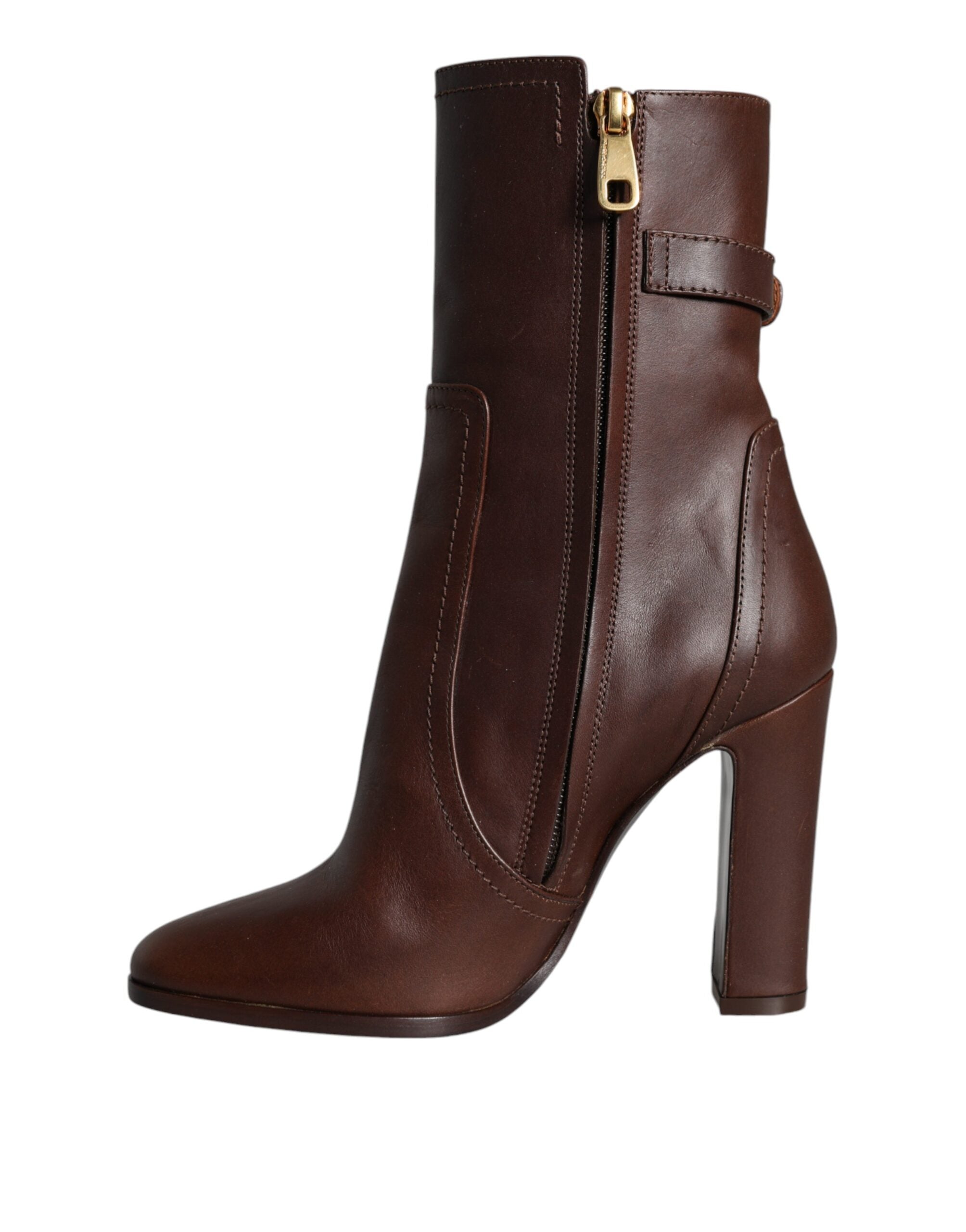 Dolce &amp; Gabbana Braune Leder Heels Halbhohe Stiefel Schuhe