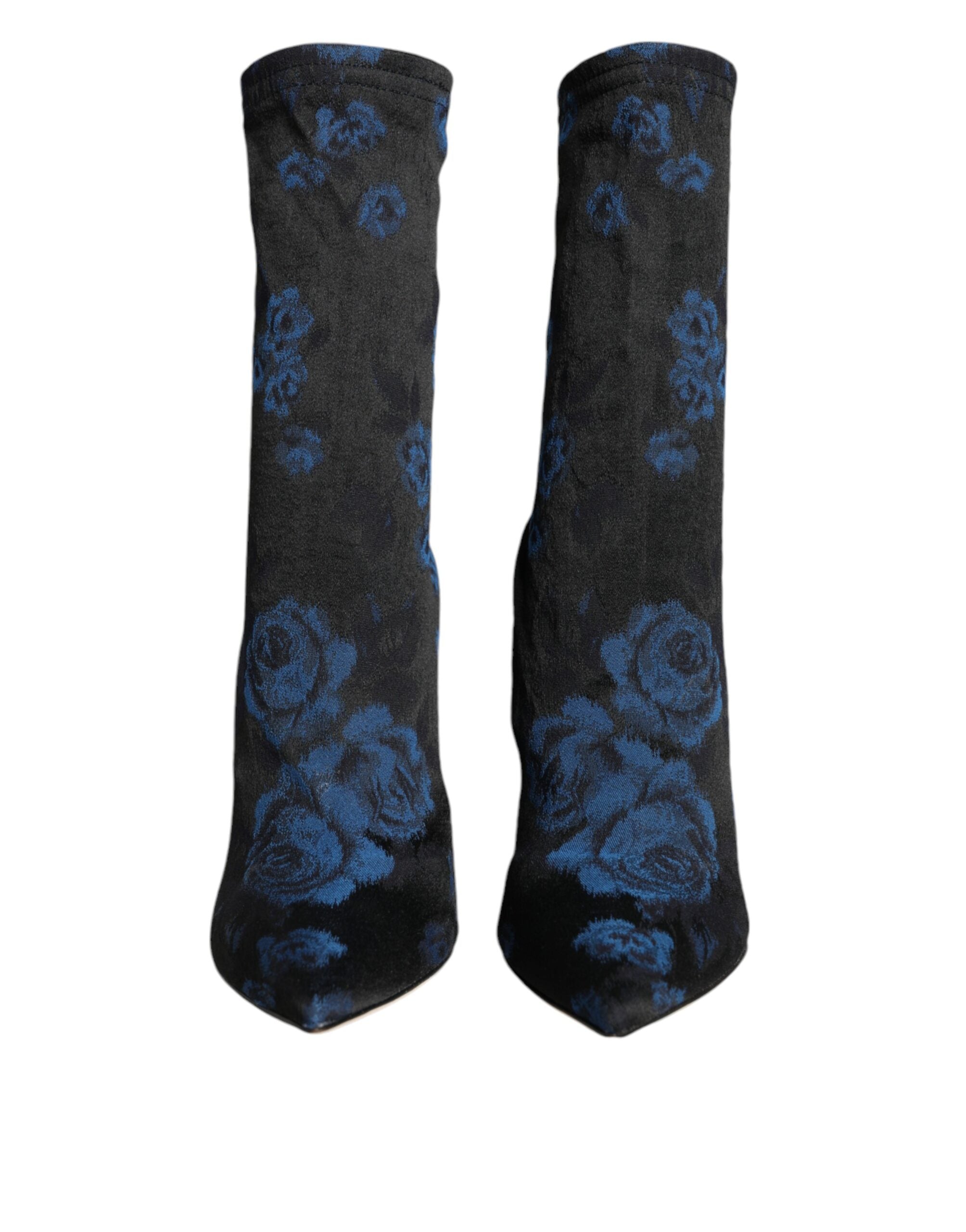 Dolce &amp; Gabbana – Schwarze Stretch-Stiefel mit Blumenmuster und halbhohem Schaft