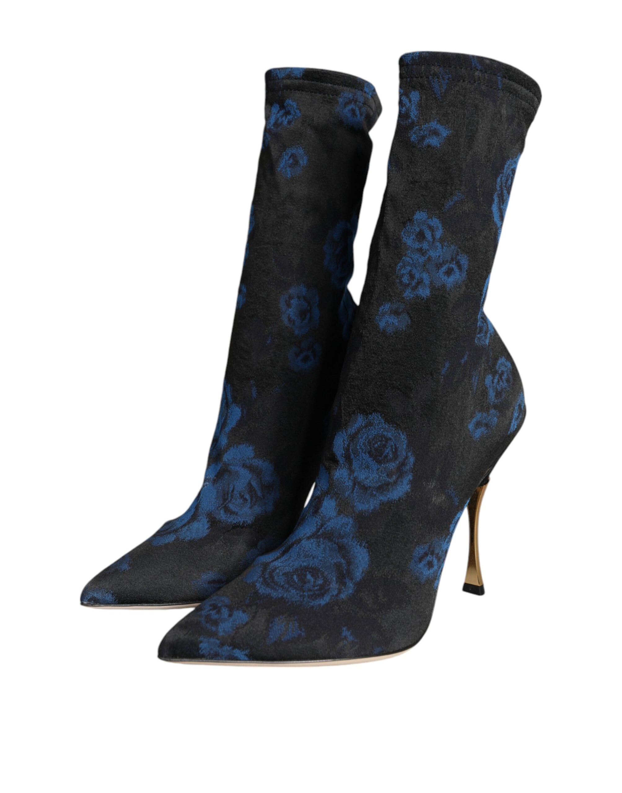 Dolce &amp; Gabbana – Schwarze Stretch-Stiefel mit Blumenmuster und halbhohem Schaft