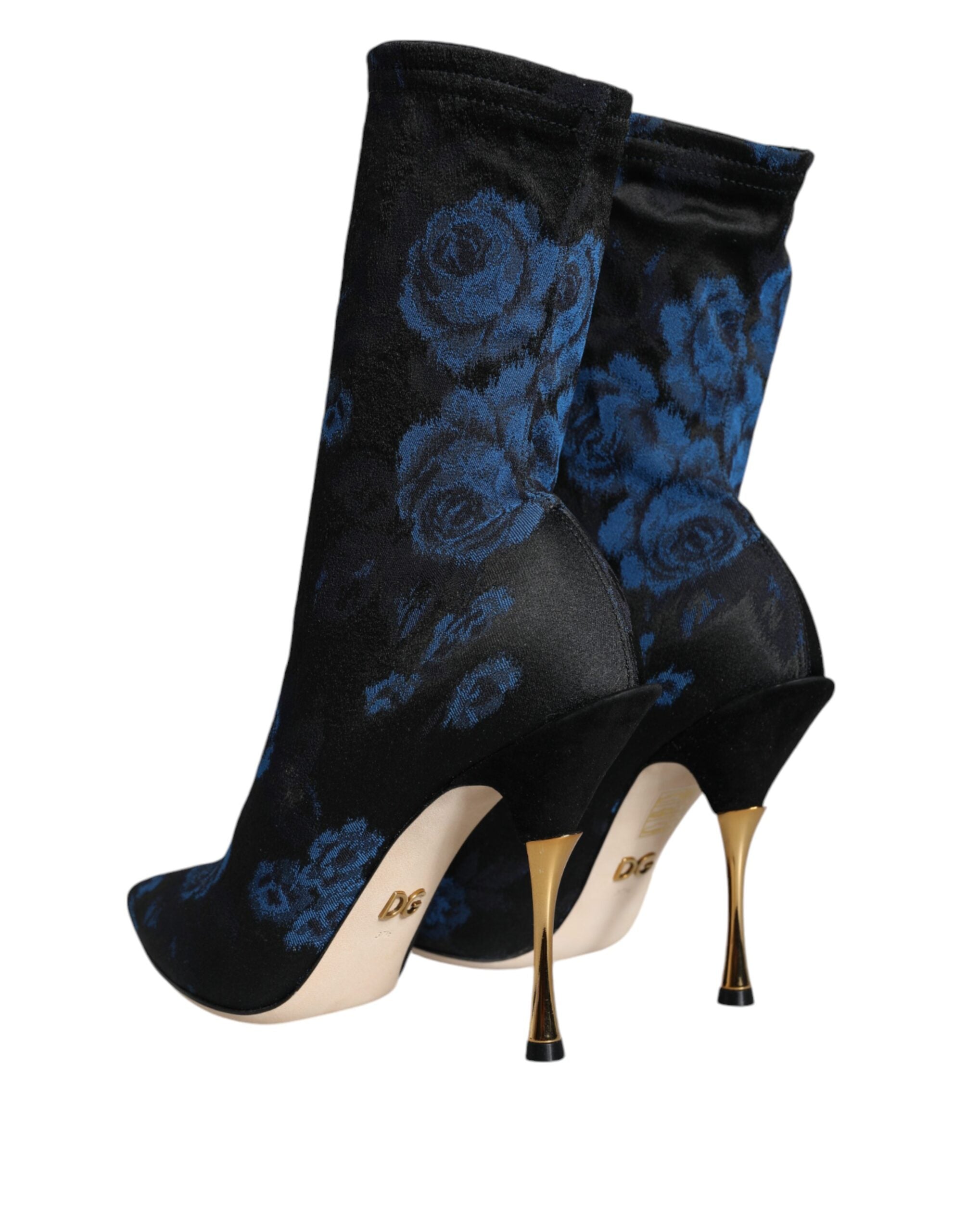 Dolce &amp; Gabbana – Schwarze Stretch-Stiefel mit Blumenmuster und halbhohem Schaft