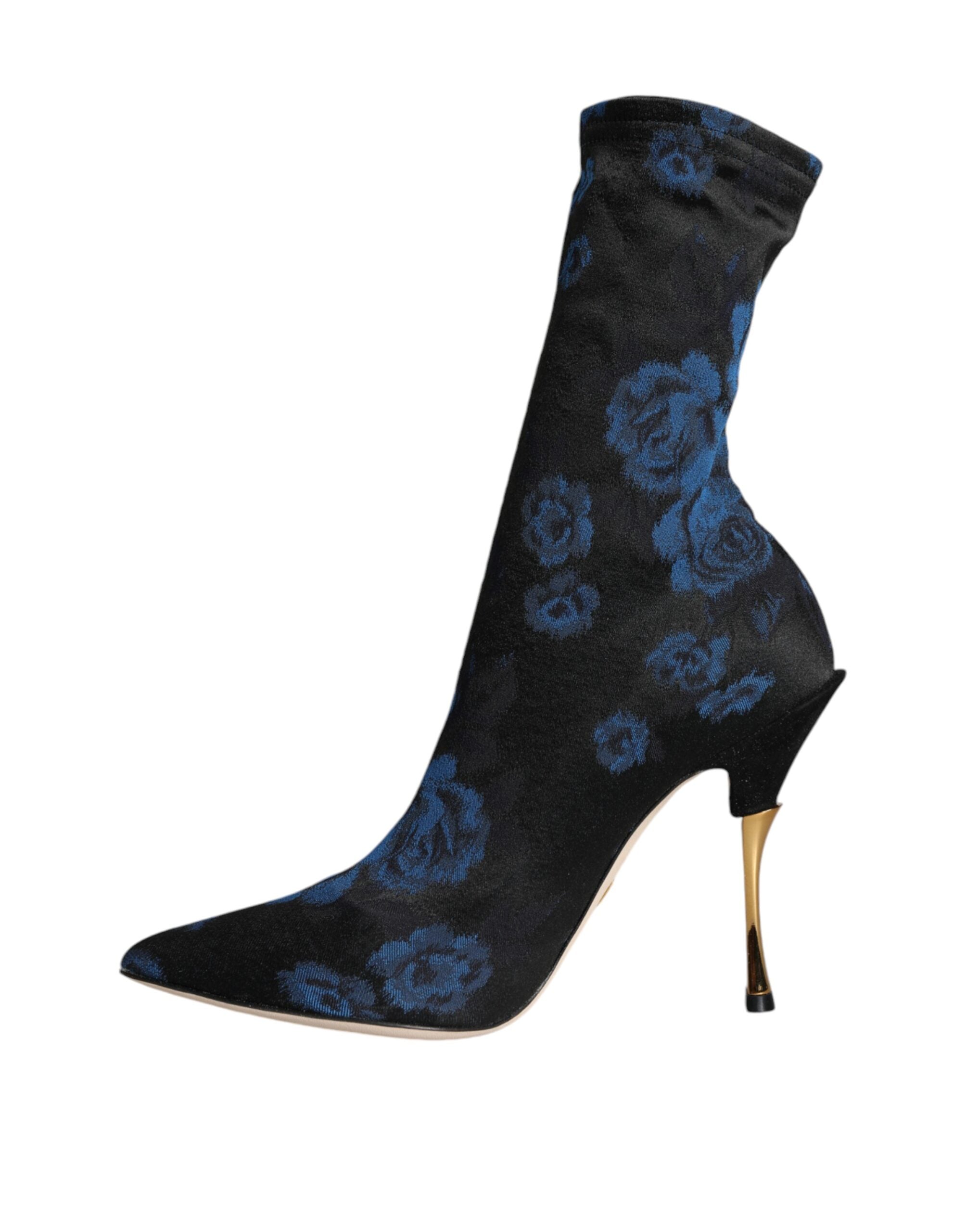 Dolce &amp; Gabbana – Schwarze Stretch-Stiefel mit Blumenmuster und halbhohem Schaft