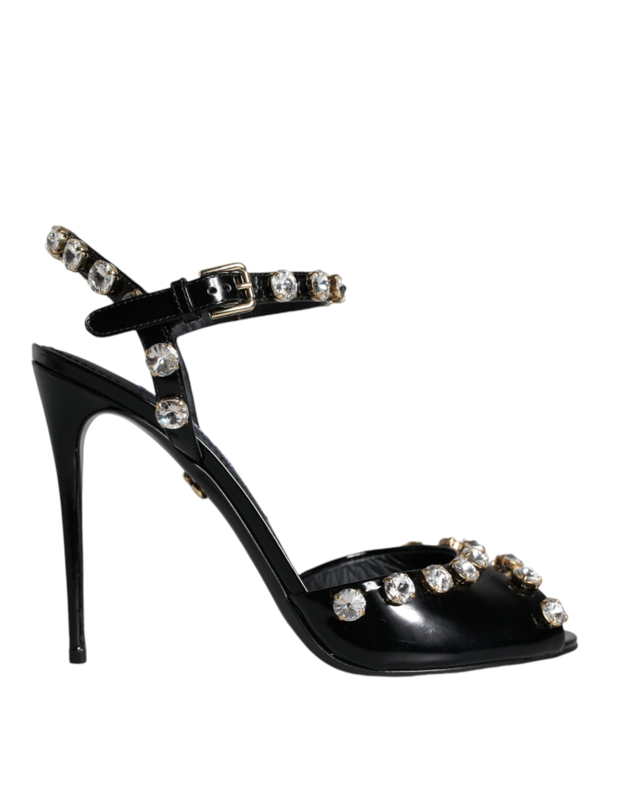 Sandales Dolce &amp; Gabbana en cuir noir avec bride à la cheville et cristaux