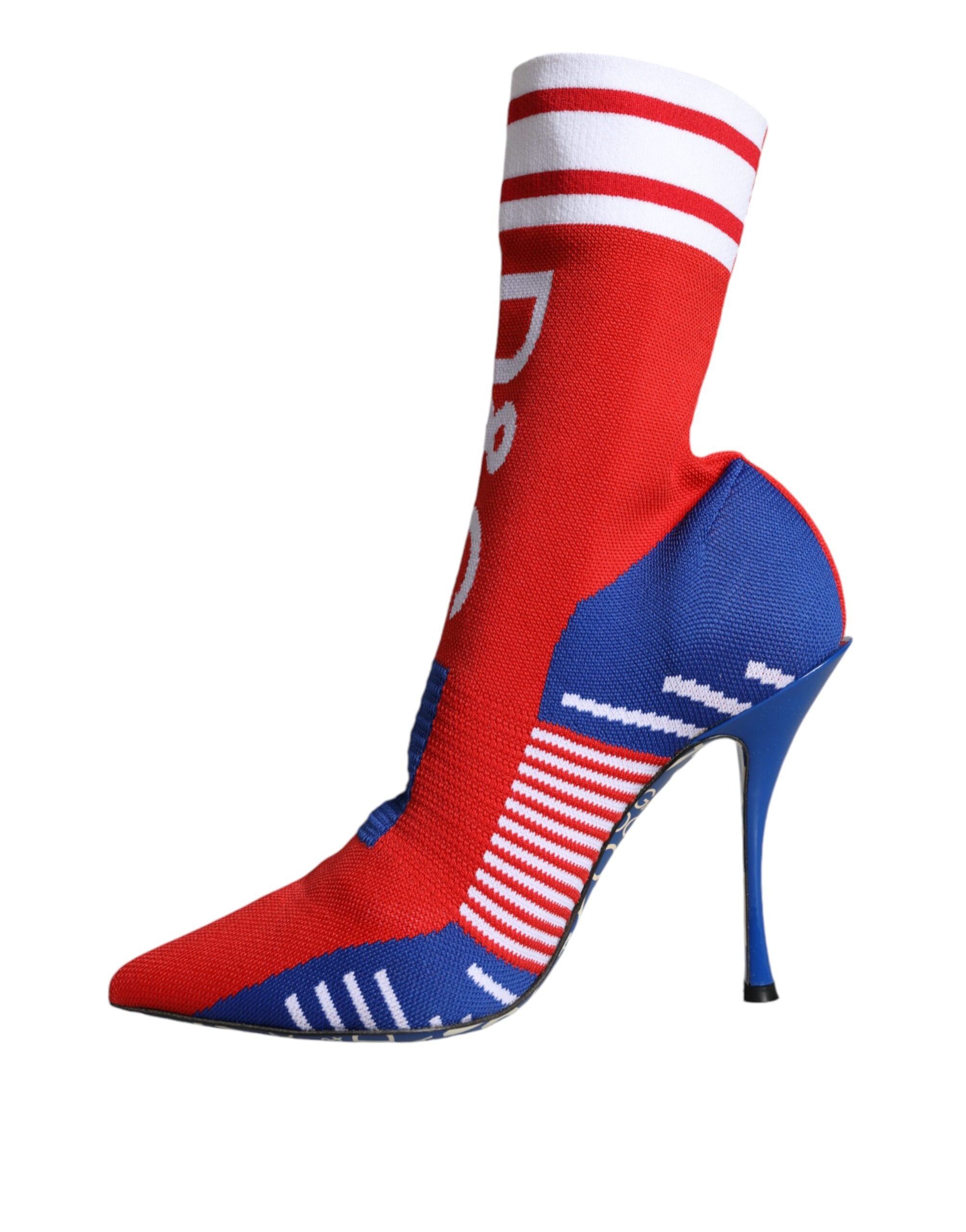 Dolce &amp; Gabbana – Rot-blaue Stretch-Stiefeletten im Sockenstil mit Logo