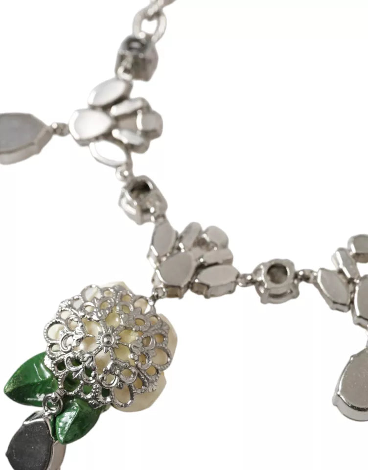 Dolce &amp; Gabbana – Halskette mit Rosenanhänger aus silbernem Messing mit klarem Kristall
