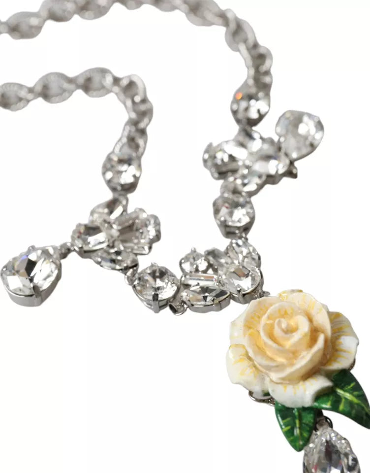 Dolce &amp; Gabbana – Halskette mit Rosenanhänger aus silbernem Messing mit klarem Kristall