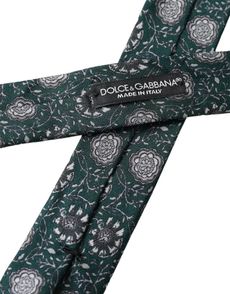 Dolce &amp; Gabbana Grüne, verstellbare Seidenkrawatte für Herren mit Blumendruck