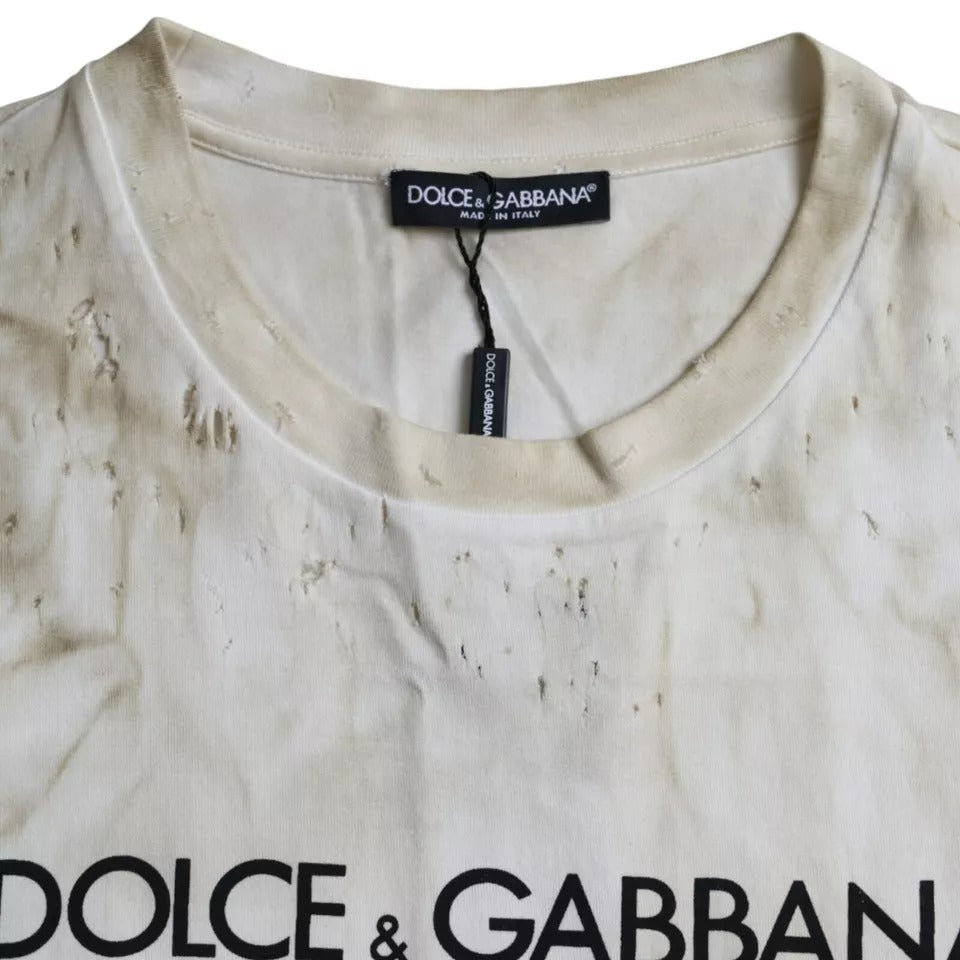 T-shirt ras du cou en coton blanc cassé avec logo Dolce &amp; Gabbana