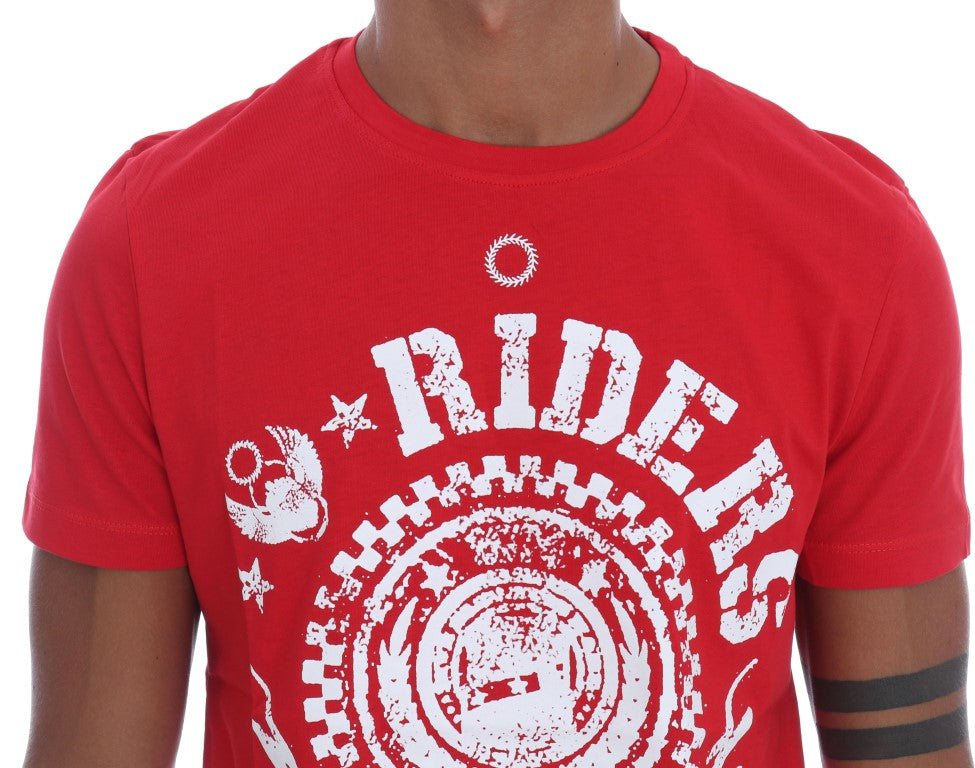 Frankie Morello – Schickes rotes T-Shirt mit Rundhalsausschnitt und „RIDERS“-Motiv
