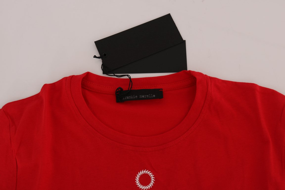 Frankie Morello – Schickes rotes T-Shirt mit Rundhalsausschnitt und „RIDERS“-Motiv